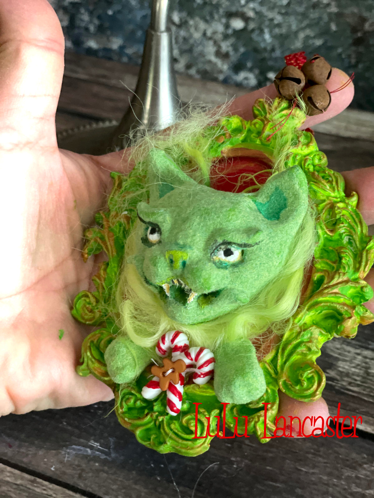 Creepmas Grinchy Cat Ornament #2 ~ Original LuLu Lancaster Art Doll