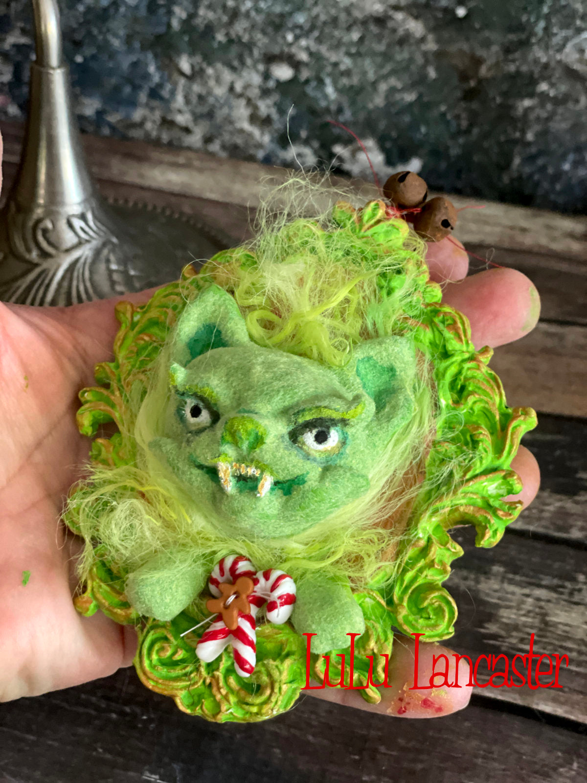 Creepmas Grinchy Cat Ornament #3 ~ Original LuLu Lancaster Art Doll