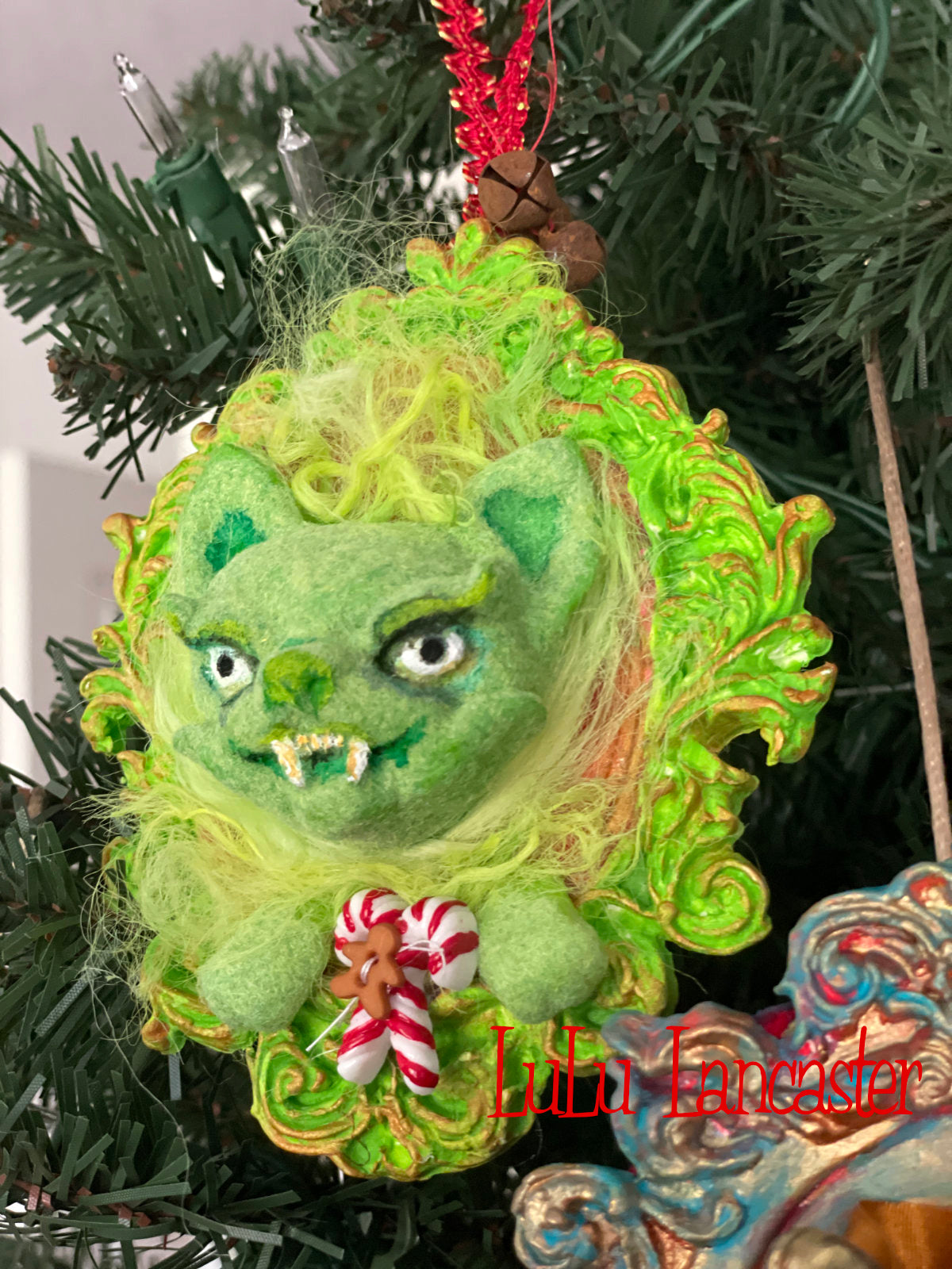 Creepmas Grinchy Cat Ornament #3 ~ Original LuLu Lancaster Art Doll