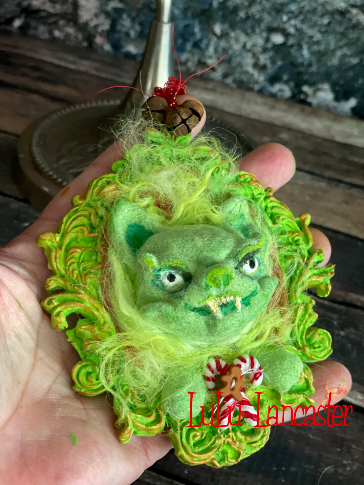 Creepmas Grinchy Cat Ornament #3 ~ Original LuLu Lancaster Art Doll