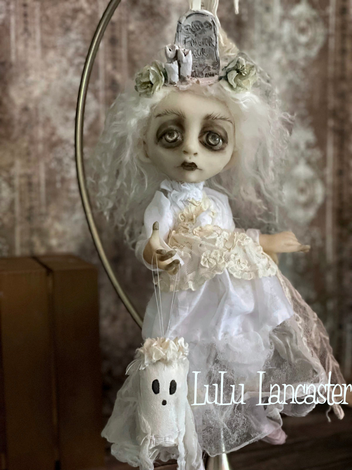 Forever Ours Graveyard Ghostie hanging Halloween Original LuLu Lancaster Art Dolls