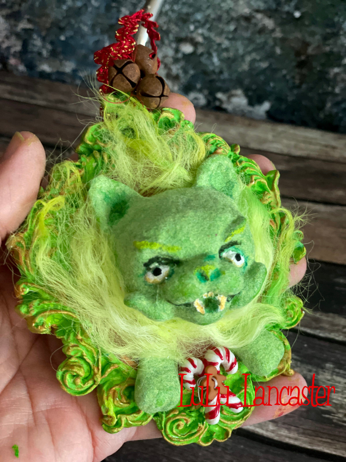 Creepmas Grinchy Cat Ornament #1 ~ Original LuLu Lancaster Art Doll