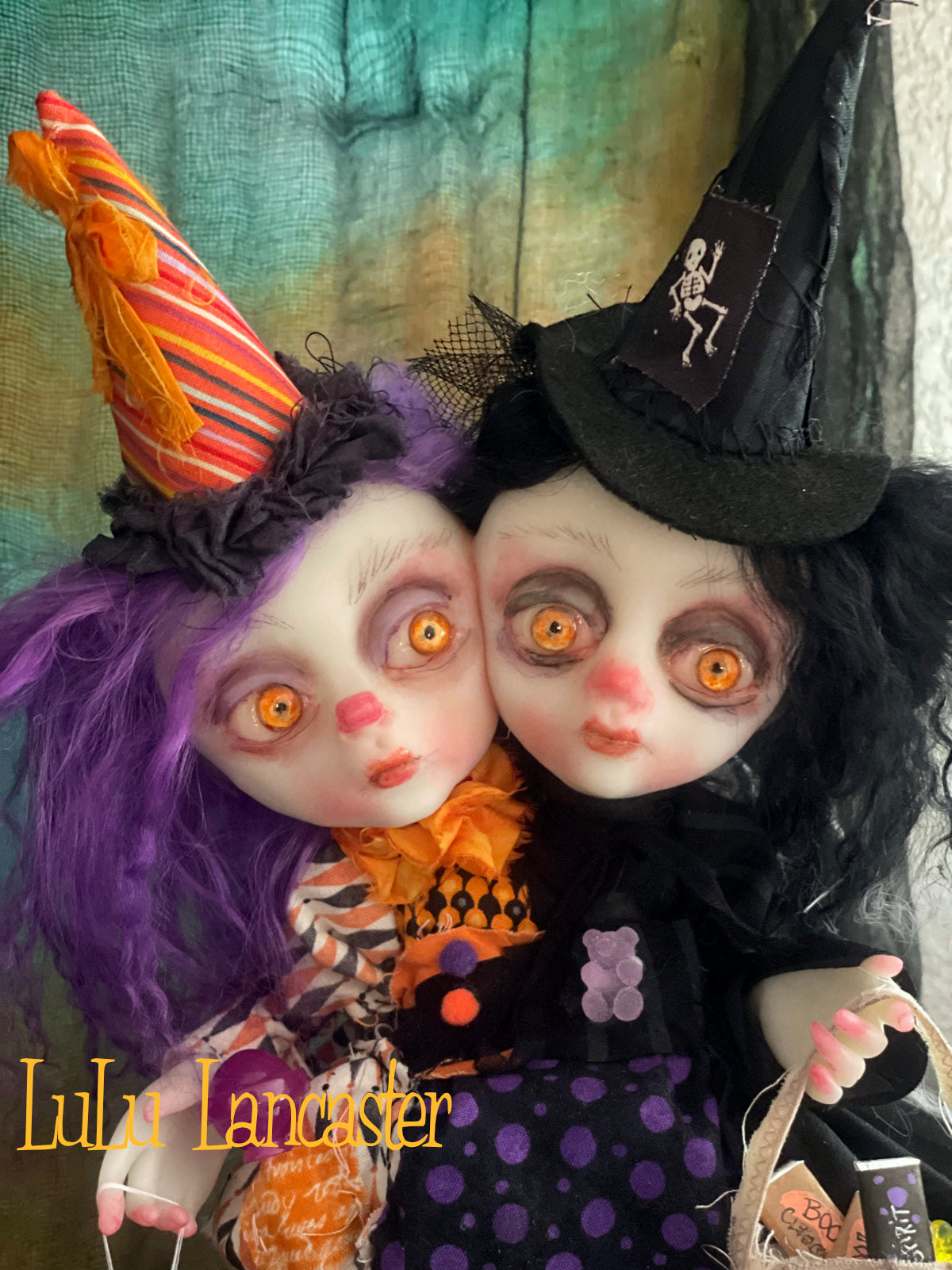 Hallow and Eve squishy head twin trick or treaters Halloween Original LuLu Lancaster Art Doll
