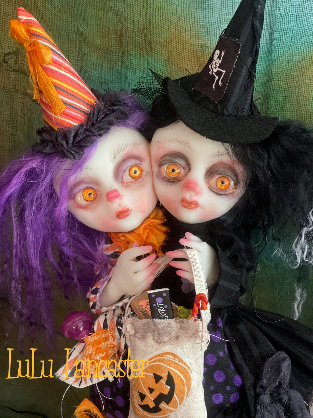 Hallow and Eve squishy head twin trick or treaters Halloween Original LuLu Lancaster Art Doll