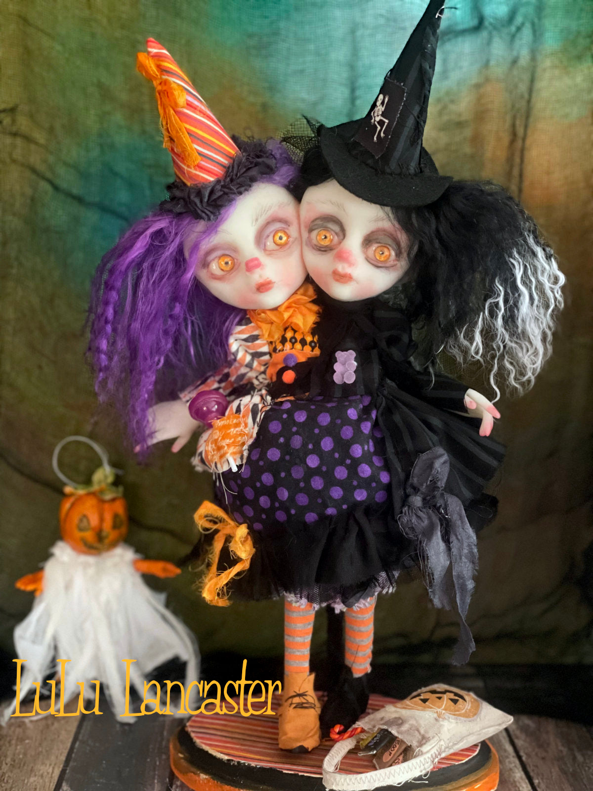 Hallow and Eve squishy head twin trick or treaters Halloween Original LuLu Lancaster Art Doll