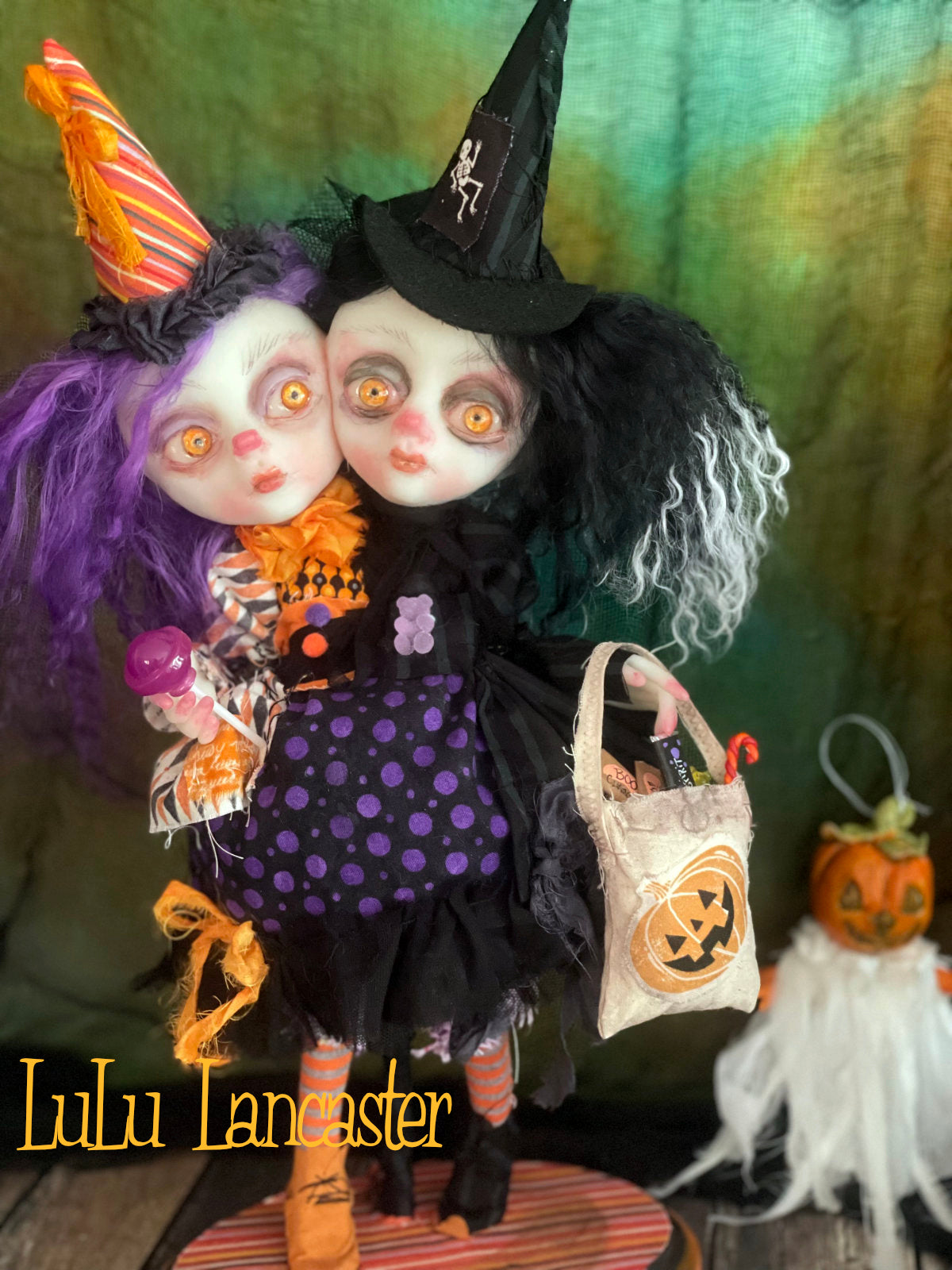 Hallow and Eve squishy head twin trick or treaters Halloween Original LuLu Lancaster Art Doll