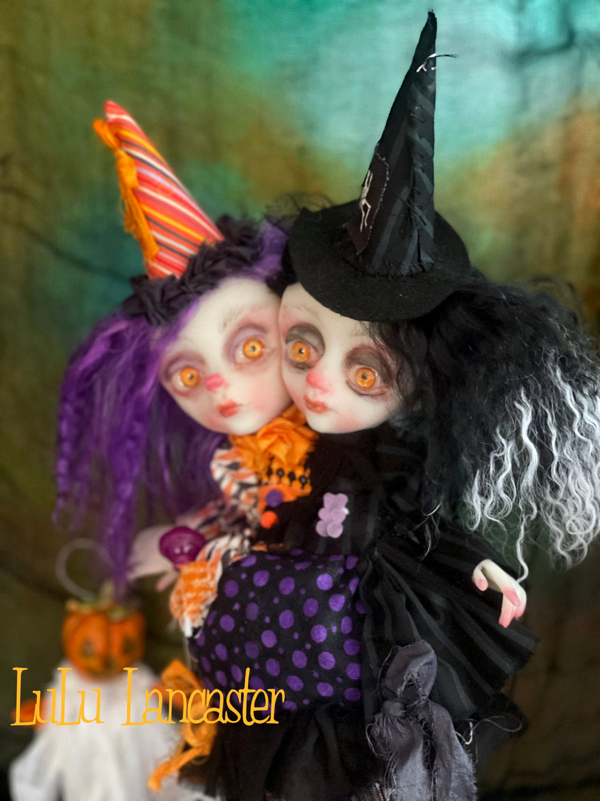 Hallow and Eve squishy head twin trick or treaters Halloween Original LuLu Lancaster Art Doll