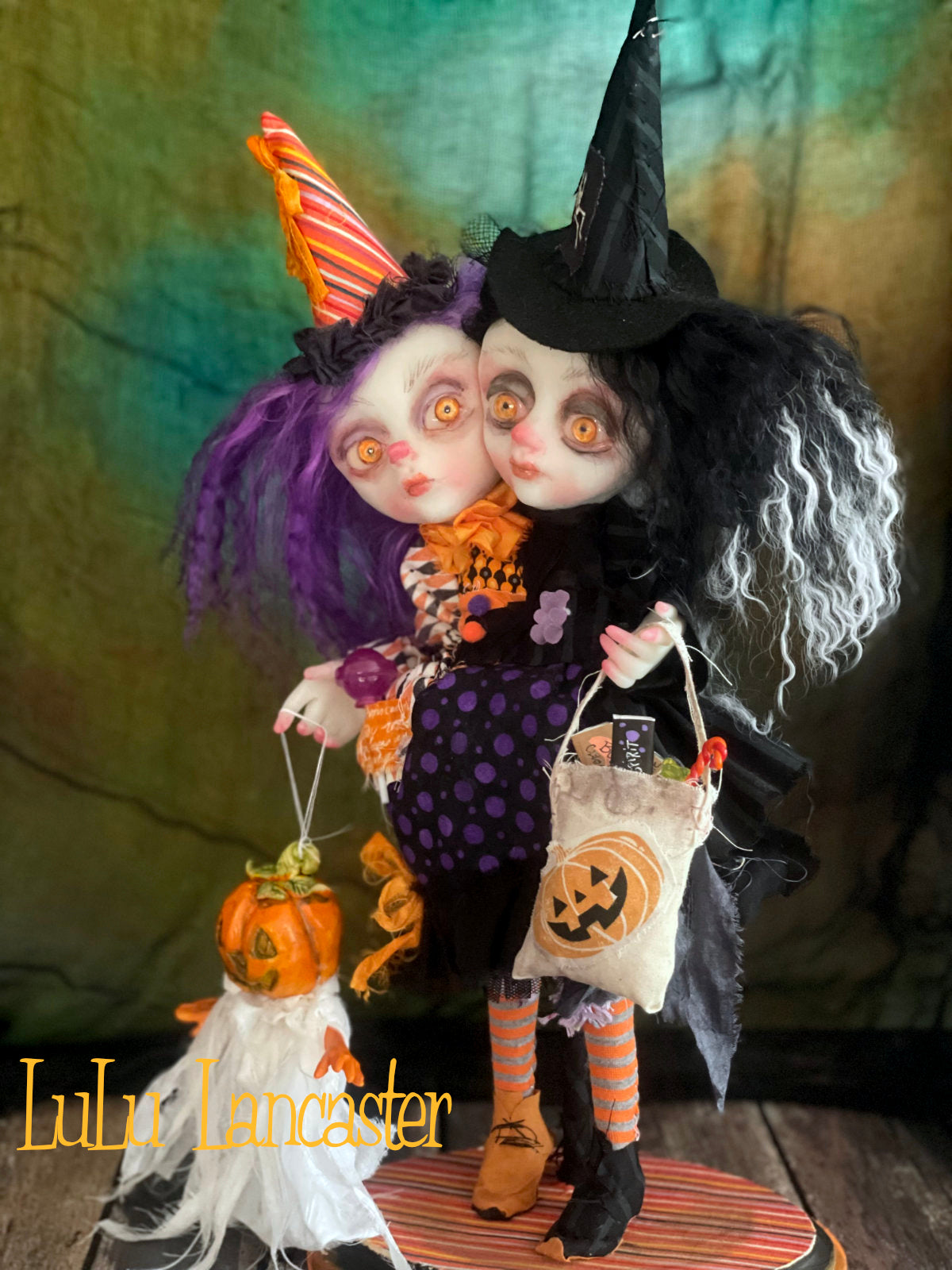 Hallow and Eve squishy head twin trick or treaters Halloween Original LuLu Lancaster Art Doll