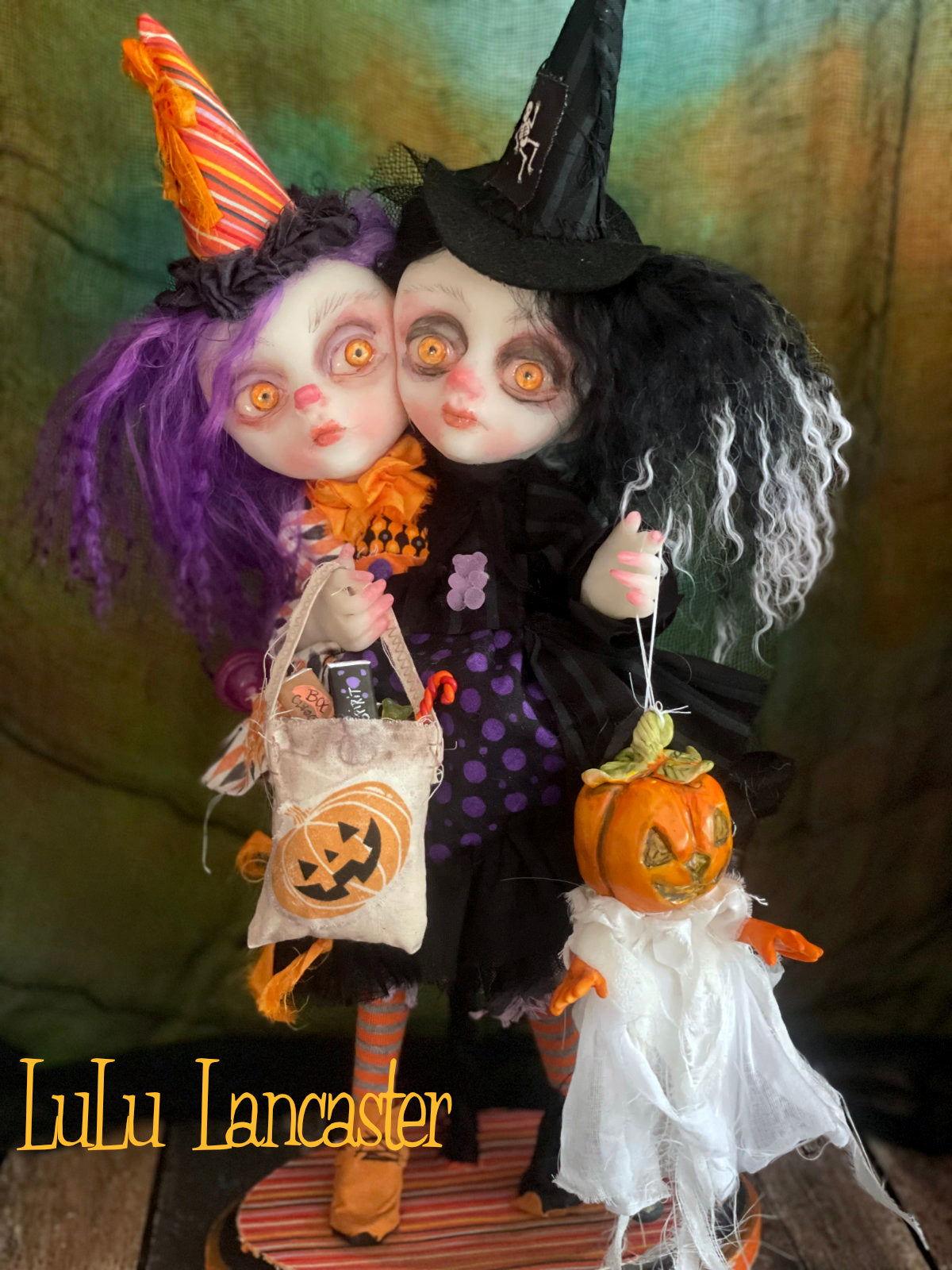 Hallow and Eve squishy head twin trick or treaters Halloween Original LuLu Lancaster Art Doll