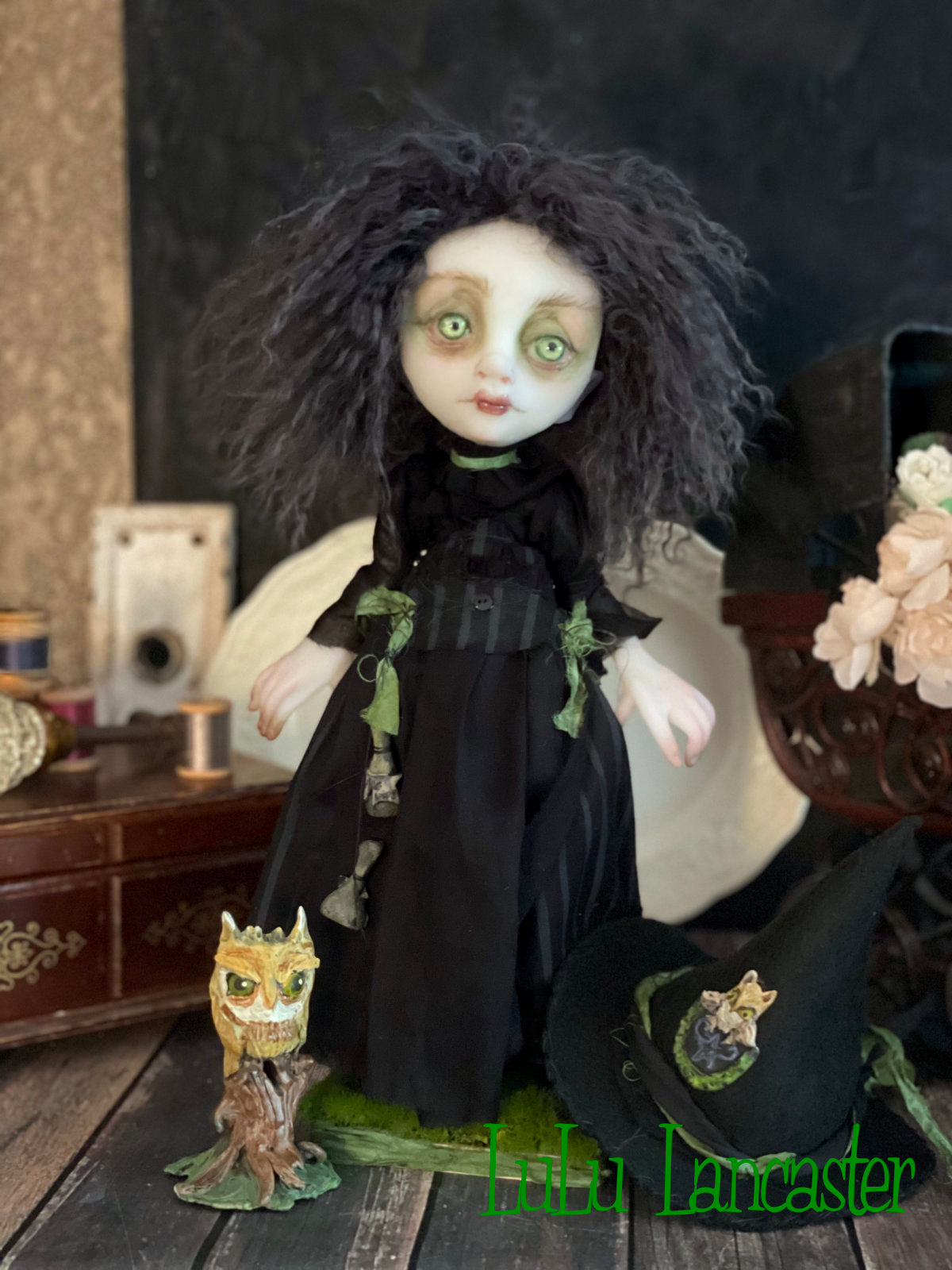 Moss and Grimmia Owl Witchery Original LuLu Lancaster Halloween Art Dolls