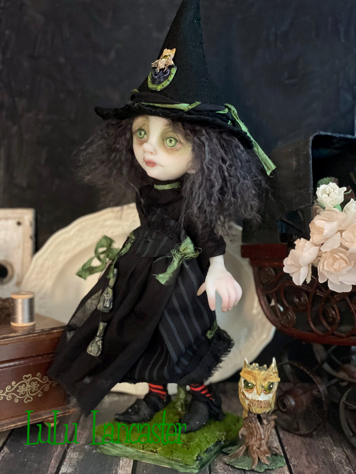 Moss and Grimmia Owl Witchery Original LuLu Lancaster Halloween Art Dolls