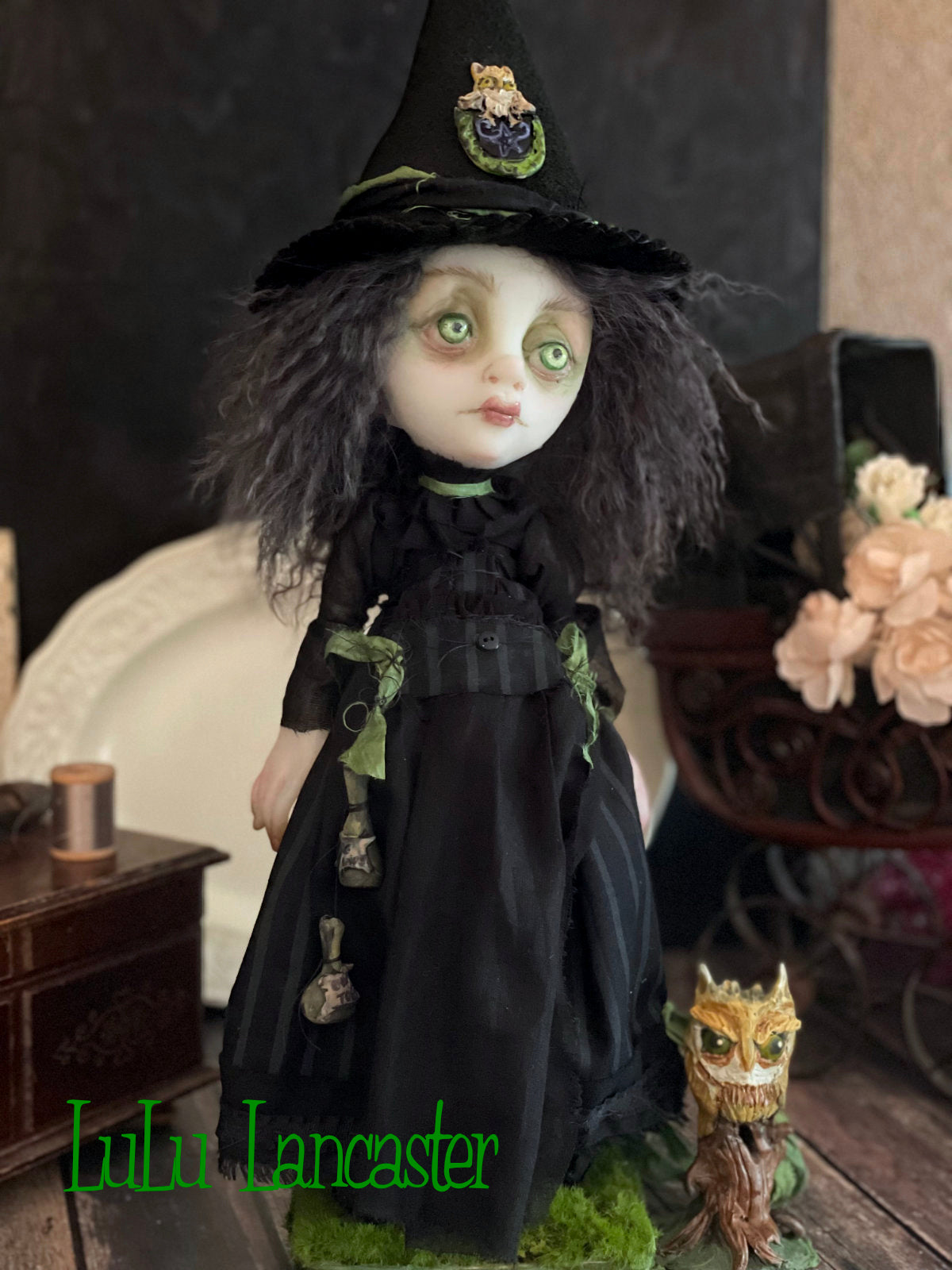 Moss and Grimmia Owl Witchery Original LuLu Lancaster Halloween Art Dolls