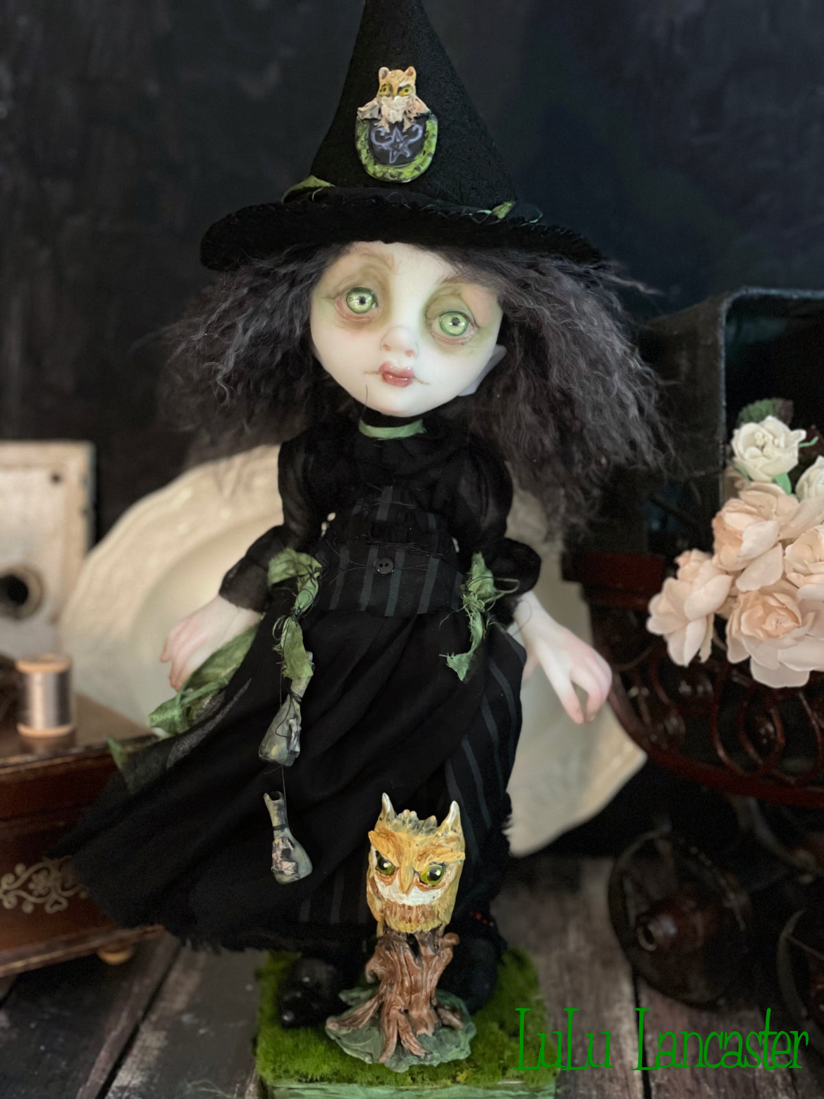 Moss and Grimmia Owl Witchery Original LuLu Lancaster Halloween Art Dolls