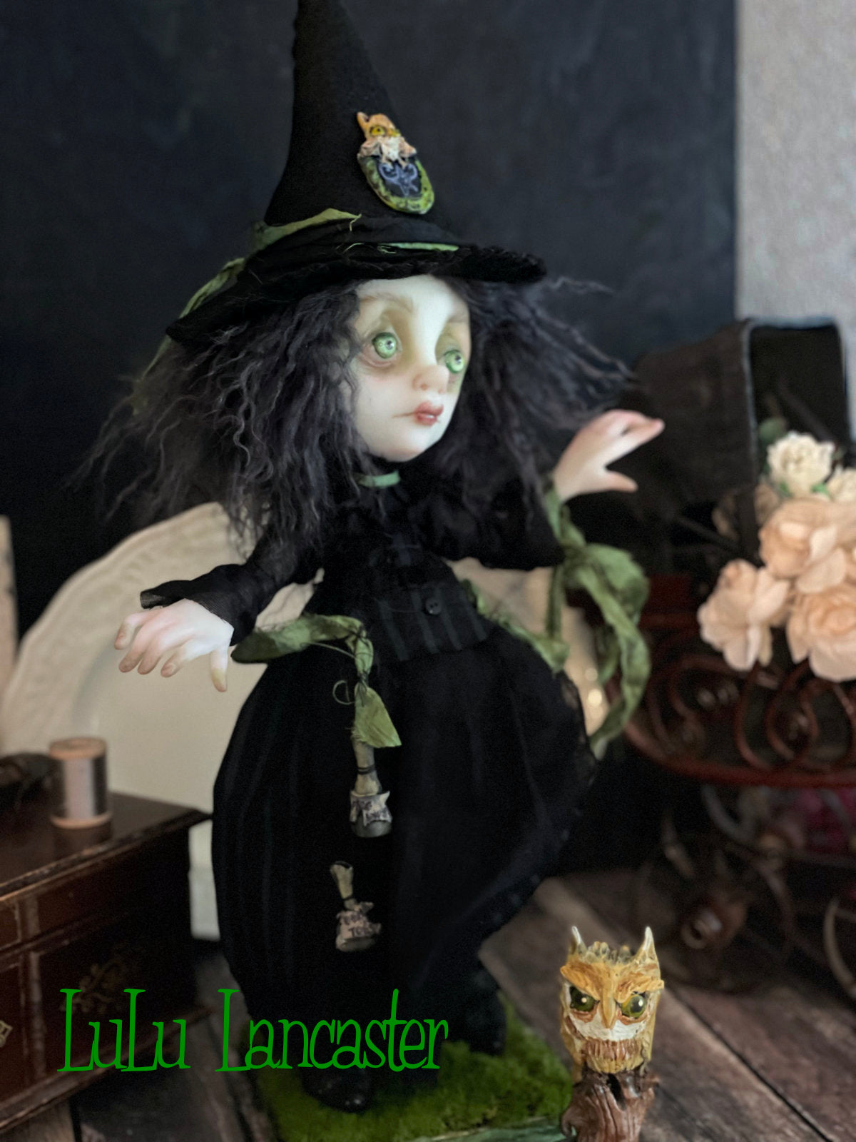 Moss and Grimmia Owl Witchery Original LuLu Lancaster Halloween Art Dolls