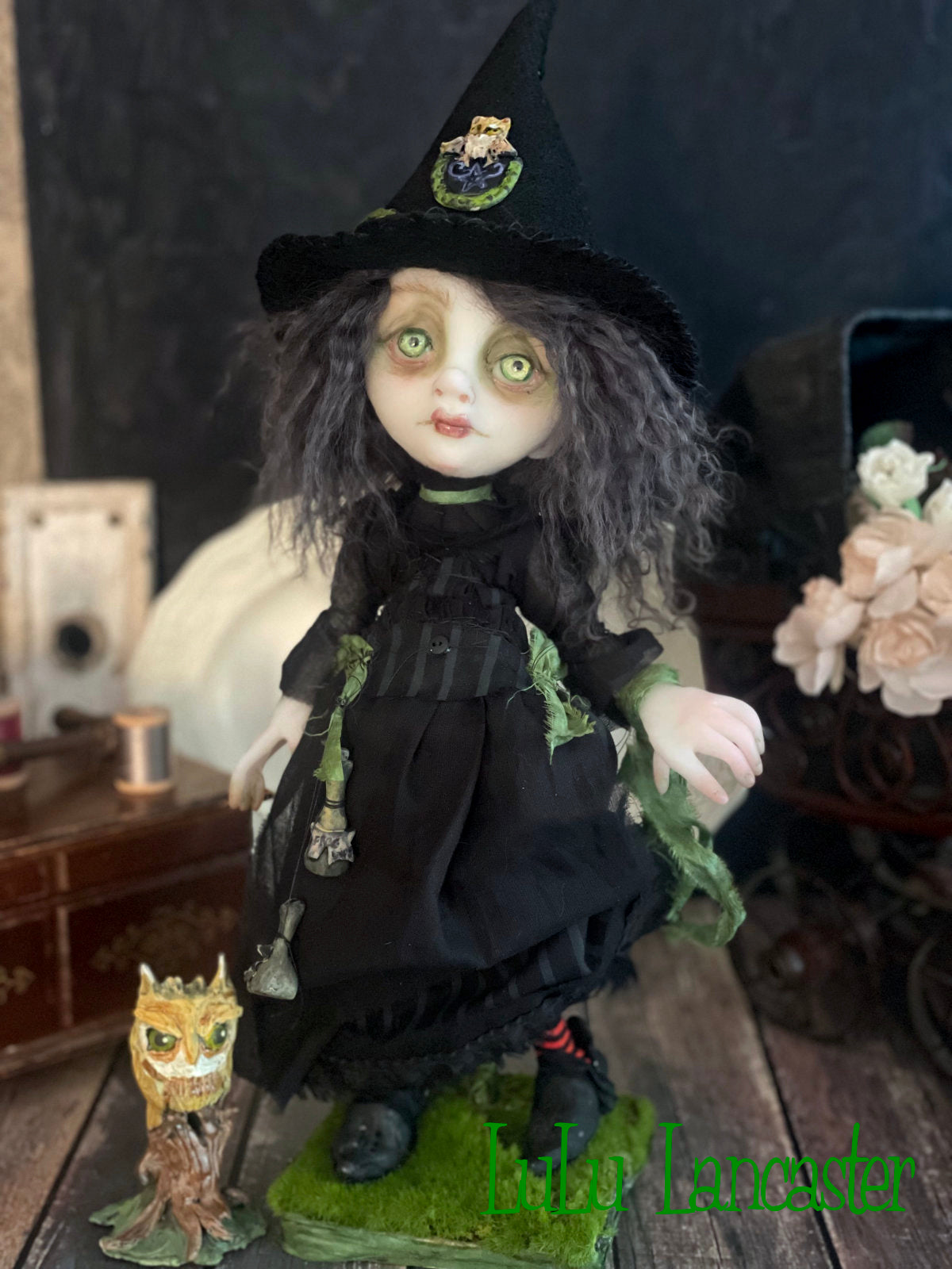 Moss and Grimmia Owl Witchery Original LuLu Lancaster Halloween Art Dolls