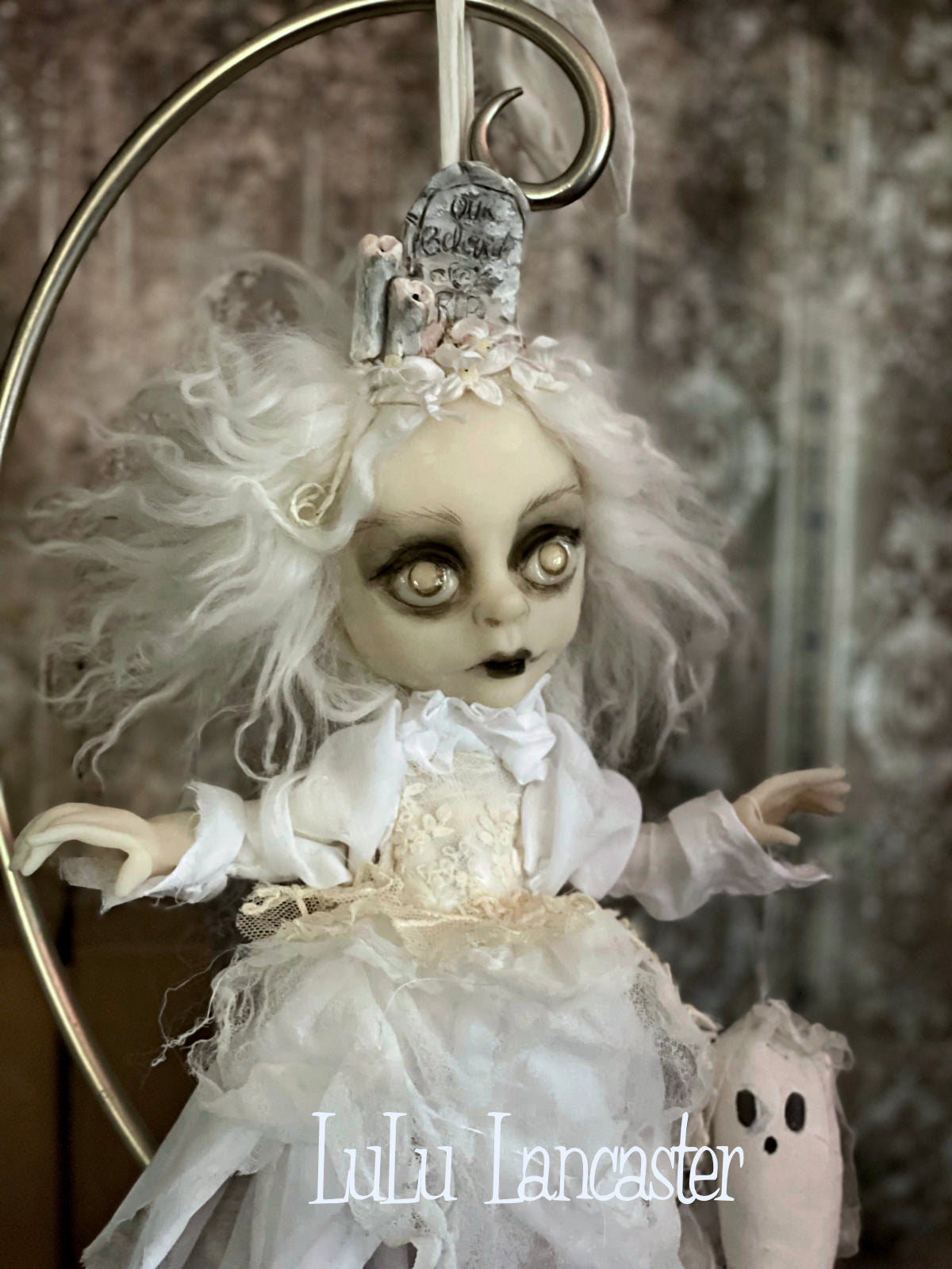Our Beloved Graveyard Ghostie hanging Halloween Original LuLu Lancaster Art Dolls