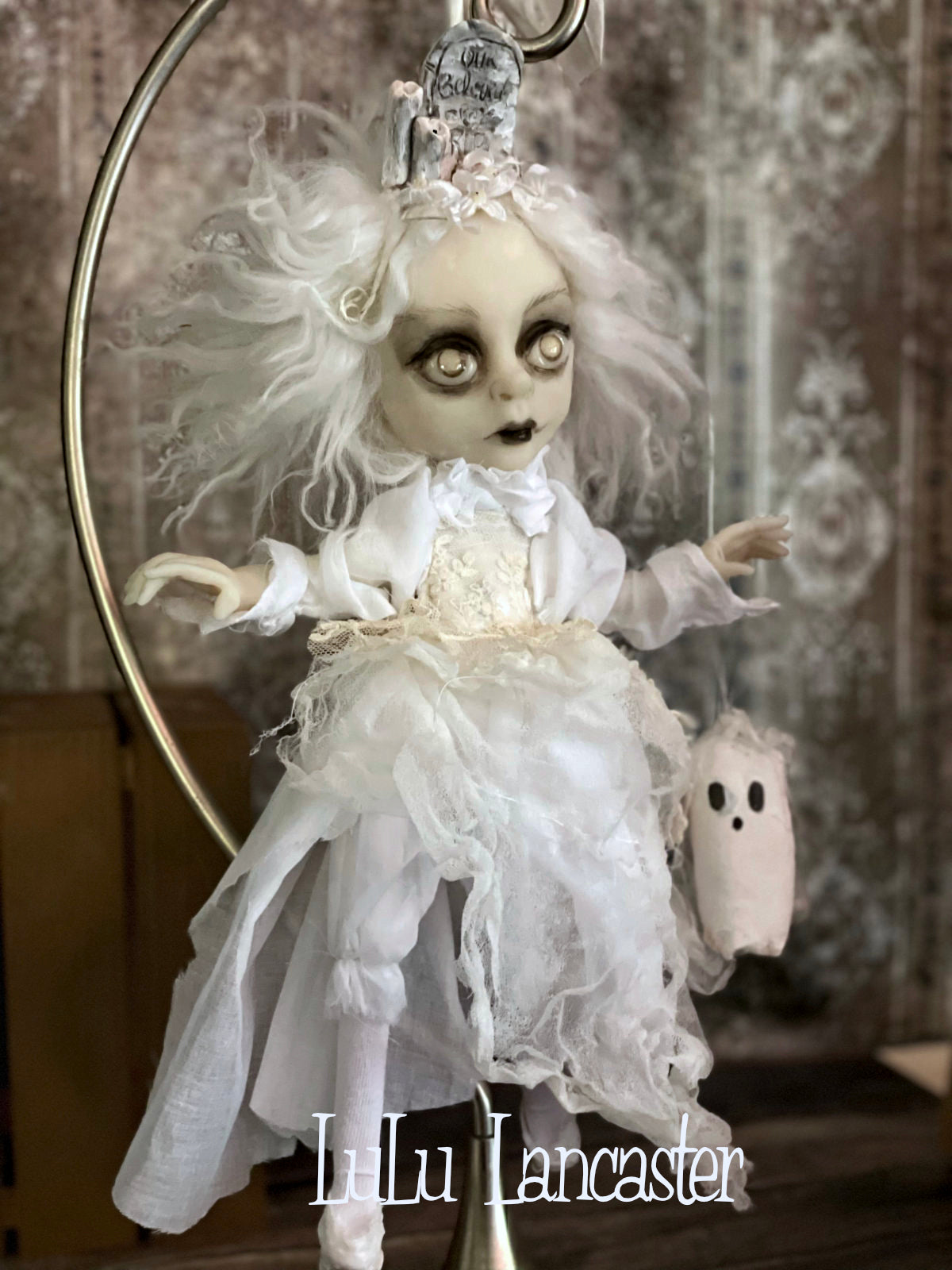 Our Beloved Graveyard Ghostie hanging Halloween Original LuLu Lancaster Art Dolls