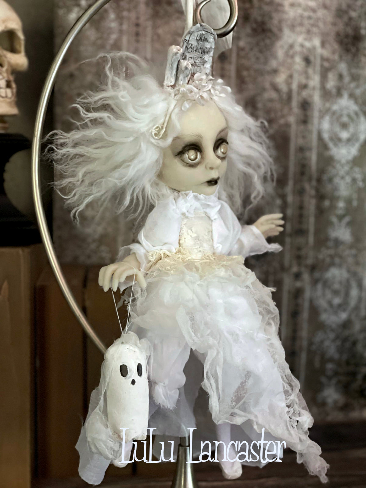 Our Beloved Graveyard Ghostie hanging Halloween Original LuLu Lancaster Art Dolls