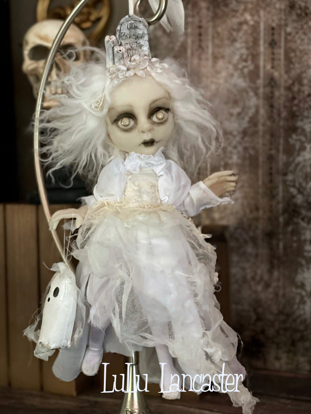 Our Beloved Graveyard Ghostie hanging Halloween Original LuLu Lancaster Art Dolls