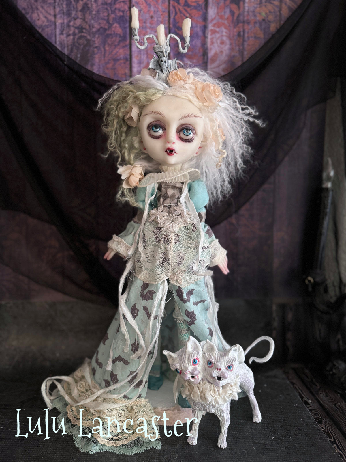 Portia the Vampire ~Castor and Pollux 2 headed kitty Original LuLu Lancaster Art Dolls
