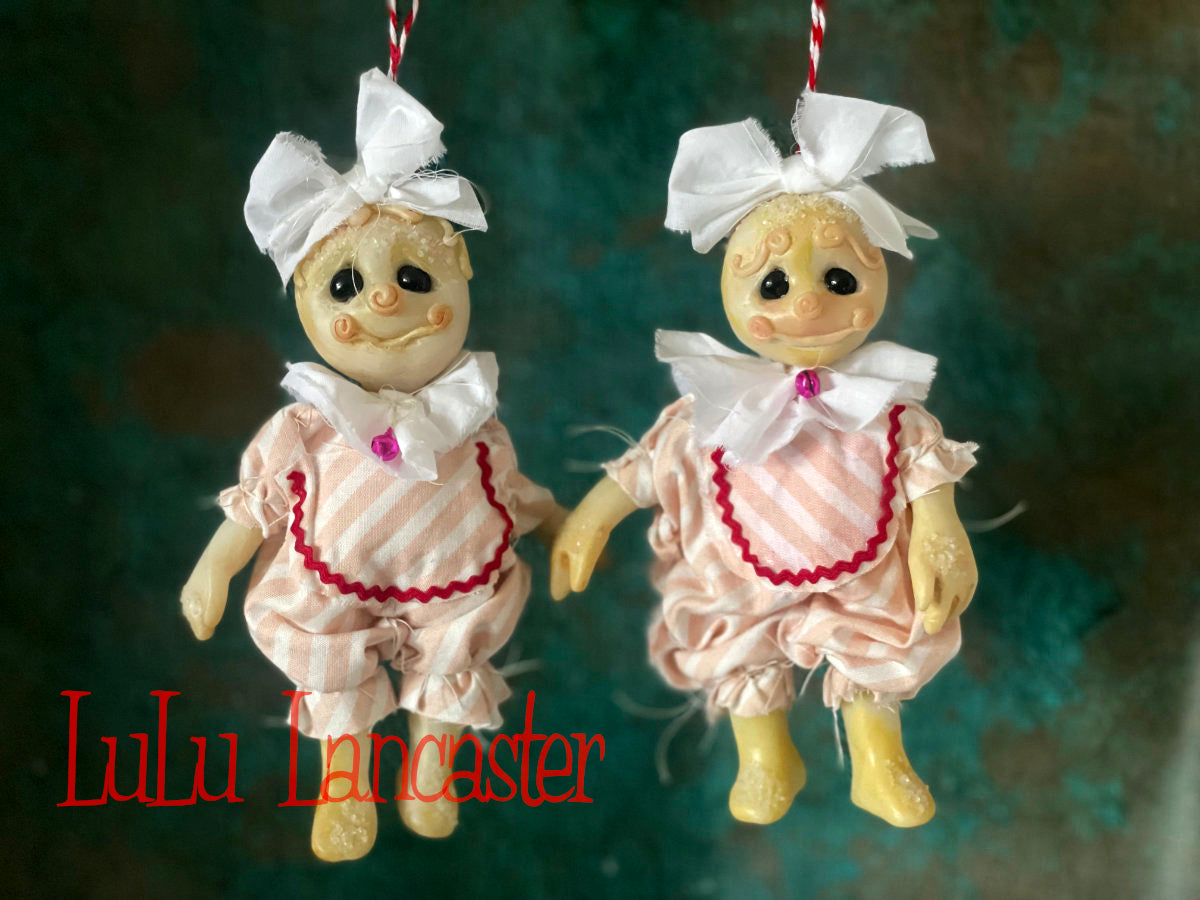 Pink Stripe Snickerdoodle Ornaments set of 2 mini Original LuLu Lancaster Art Doll