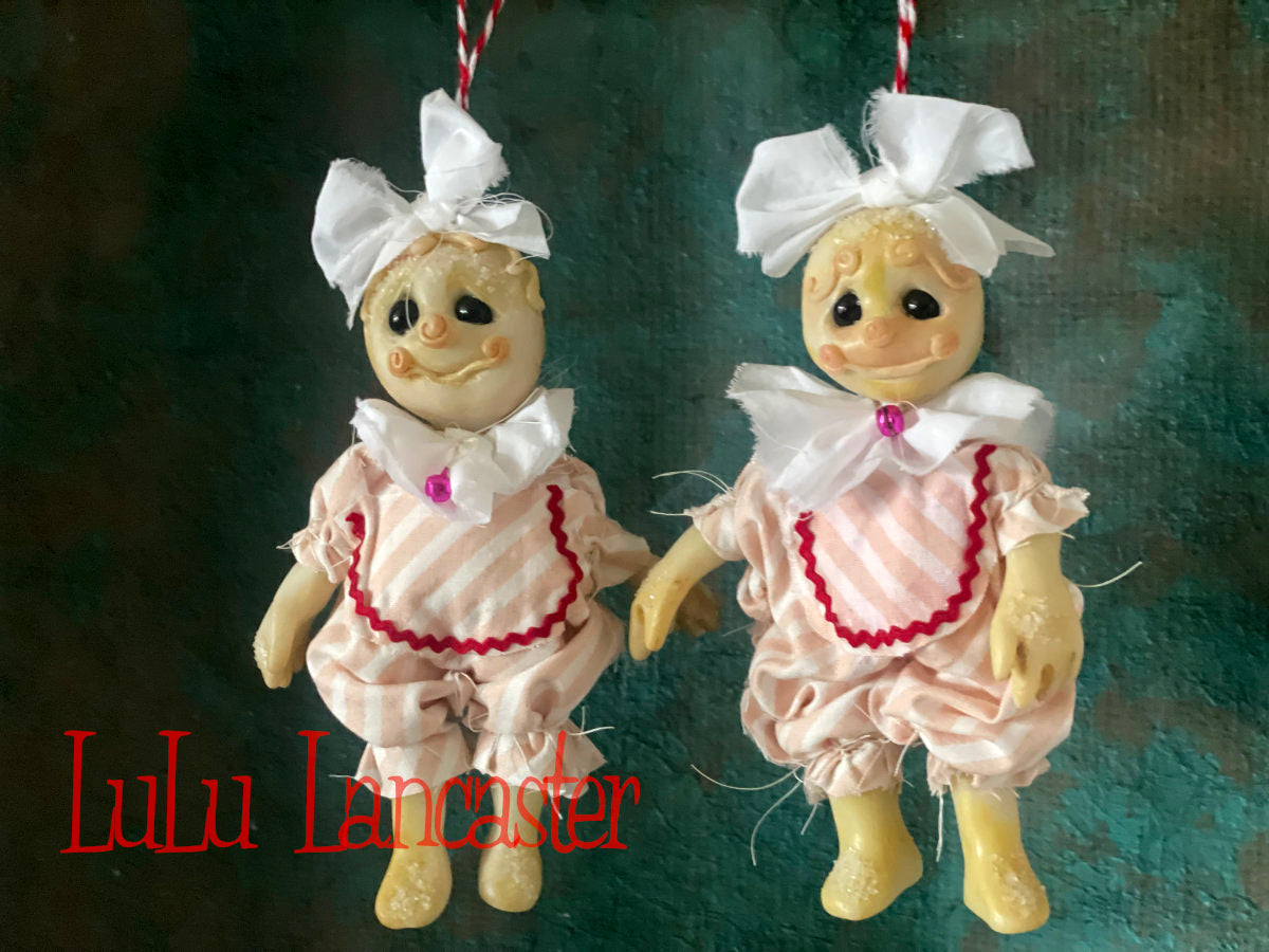 Pink Stripe Snickerdoodle Ornaments set of 2 mini Original LuLu Lancaster Art Doll