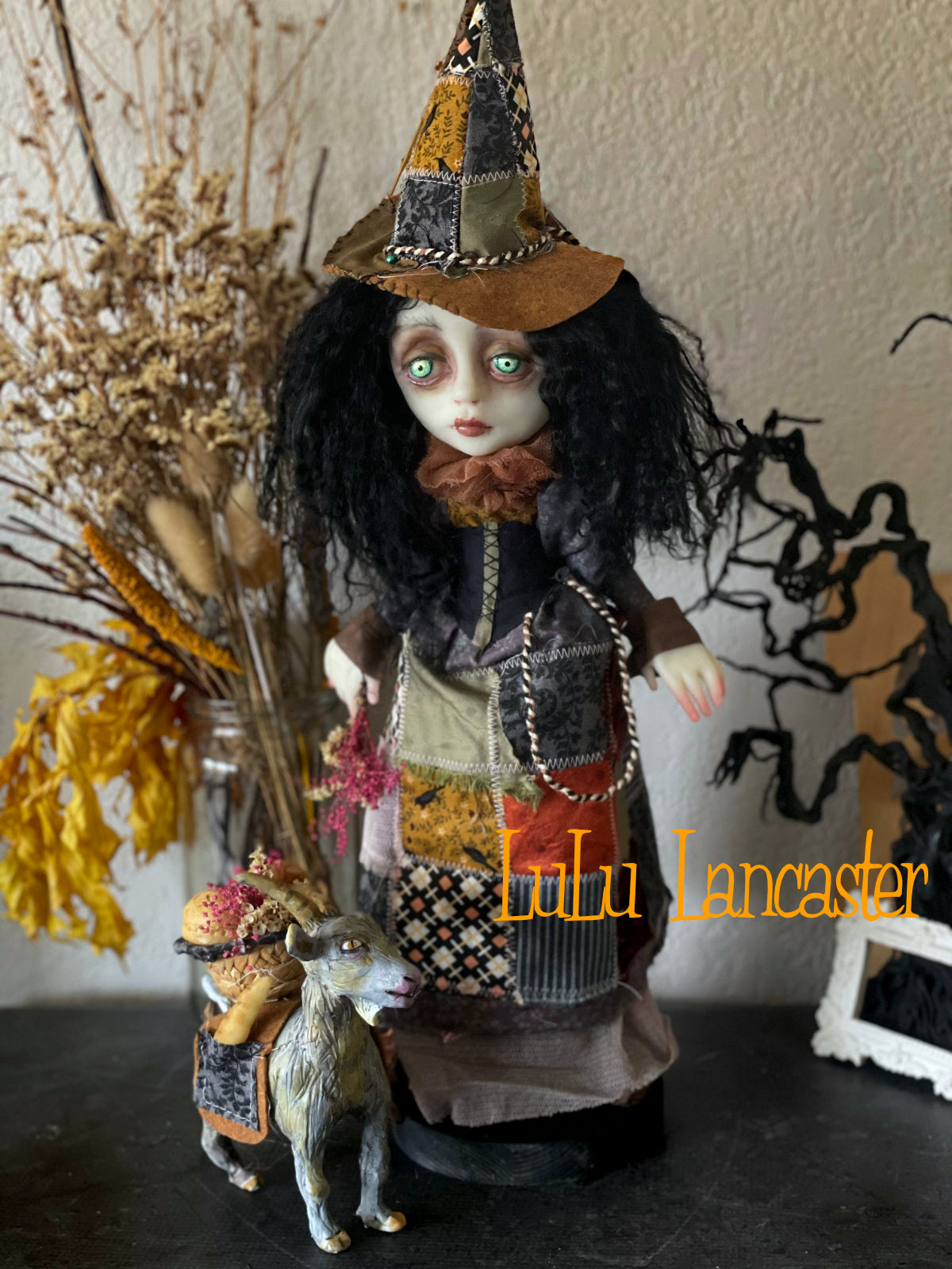 Sylvaine the patchwork Witch and Gregory the Goat Original LuLu Lancaster Art Doll