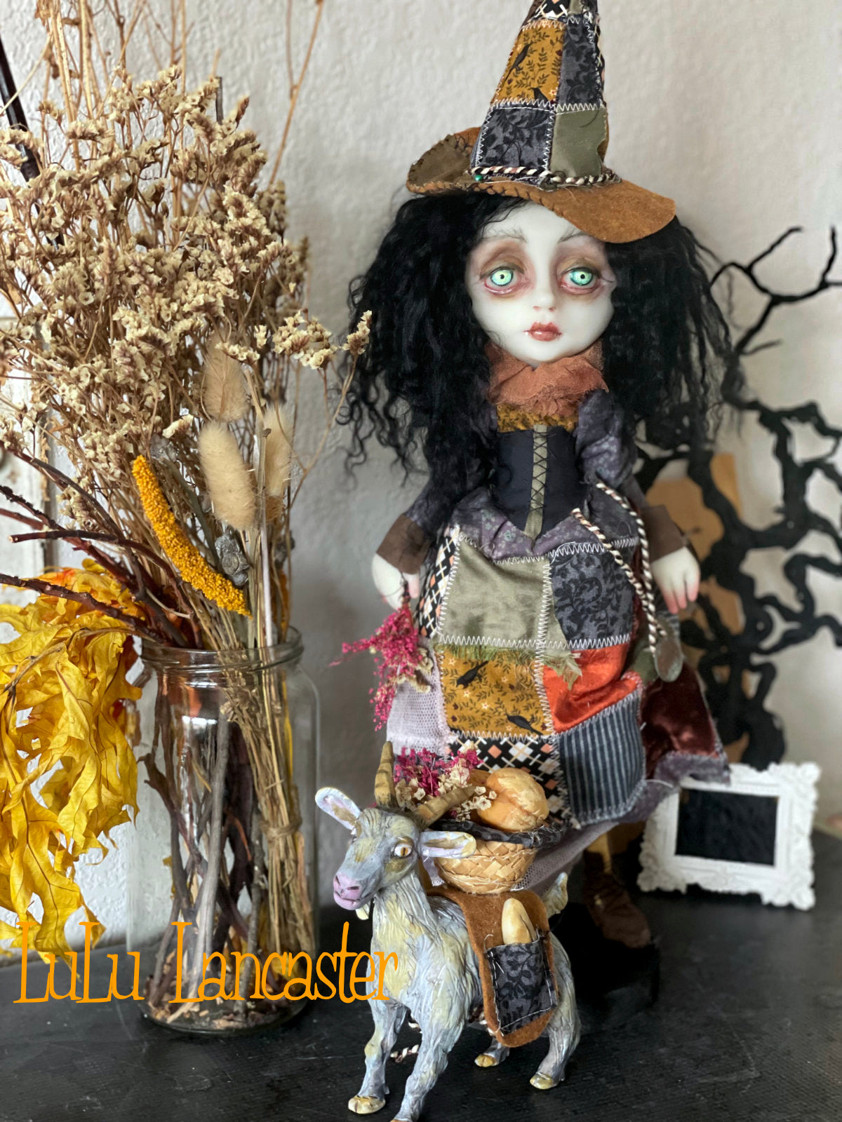 Sylvaine the patchwork Witch and Gregory the Goat Original LuLu Lancaster Art Doll