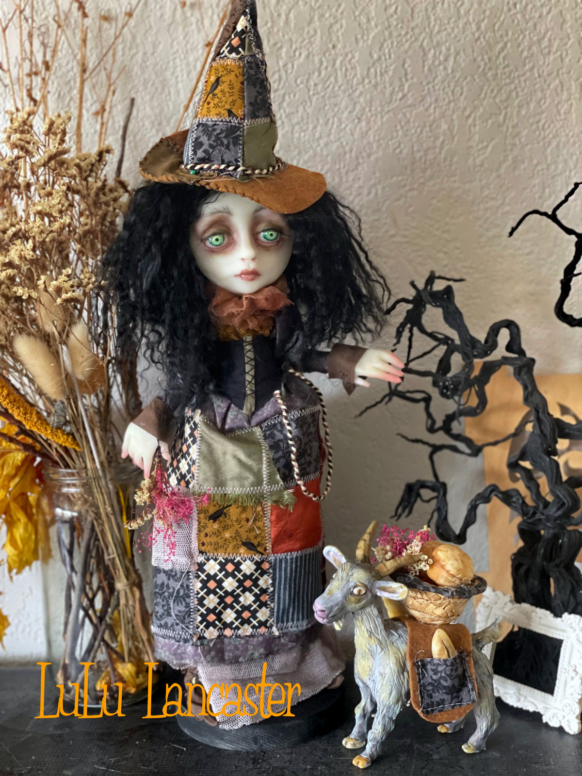 Sylvaine the patchwork Witch and Gregory the Goat Original LuLu Lancaster Art Doll