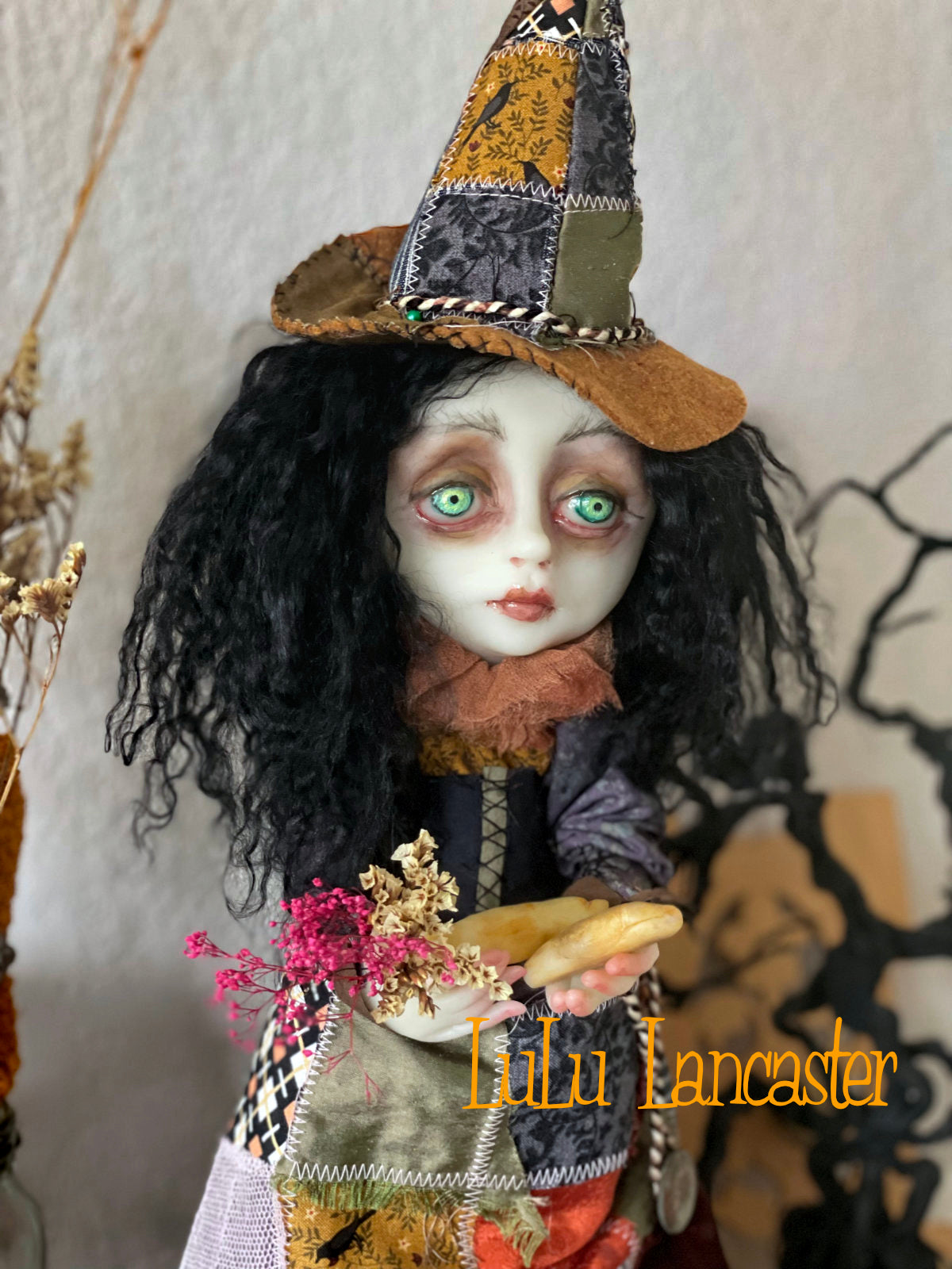 Sylvaine the patchwork Witch and Gregory the Goat Original LuLu Lancaster Art Doll