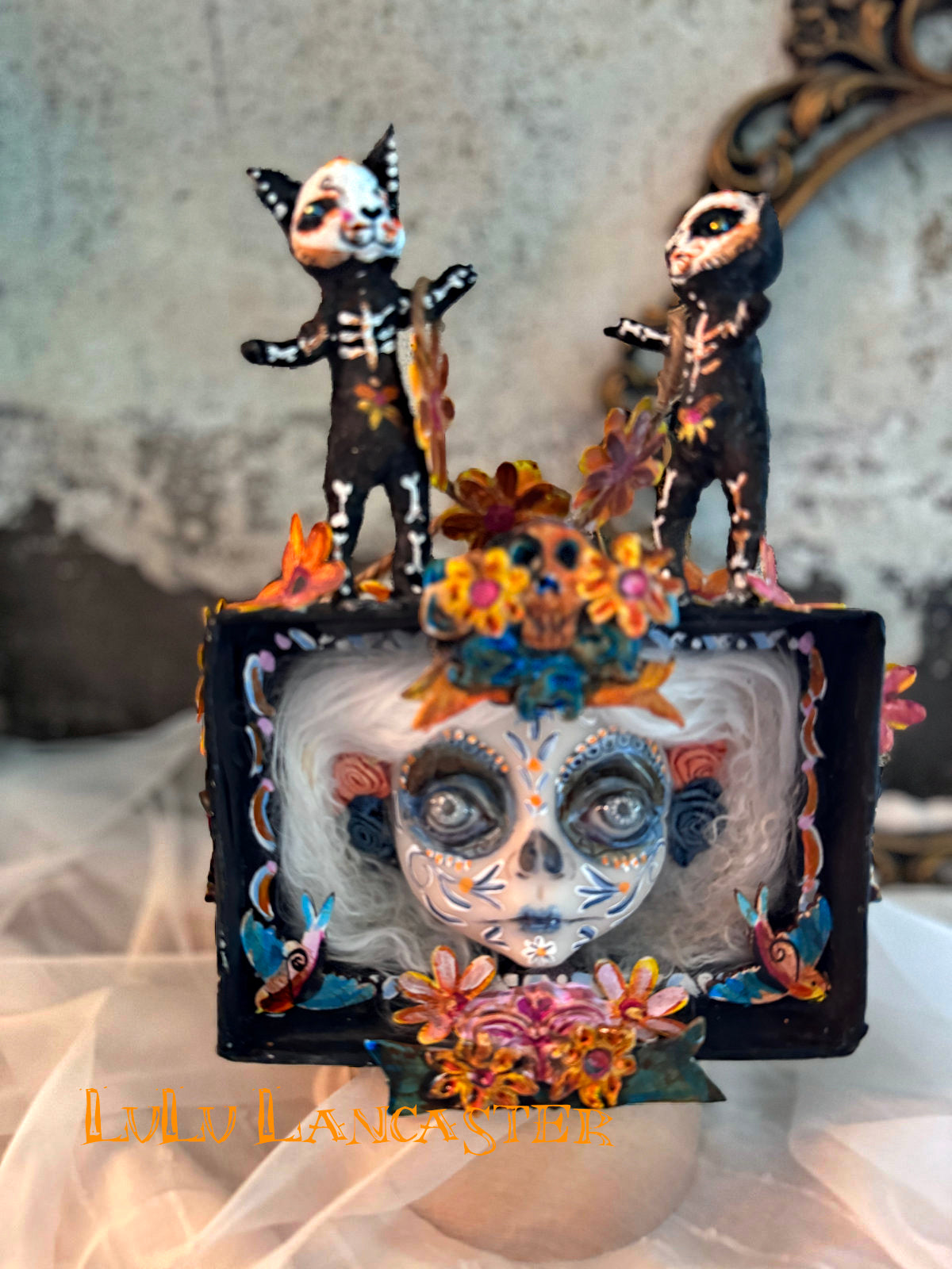 Dancing kitties dia de los muertos wall hanging Original LuLu Lancaster