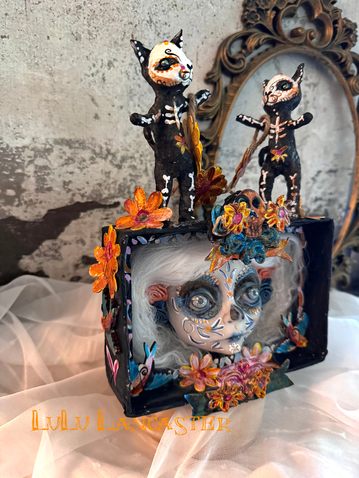 Dancing kitties dia de los muertos wall hanging Original LuLu Lancaster