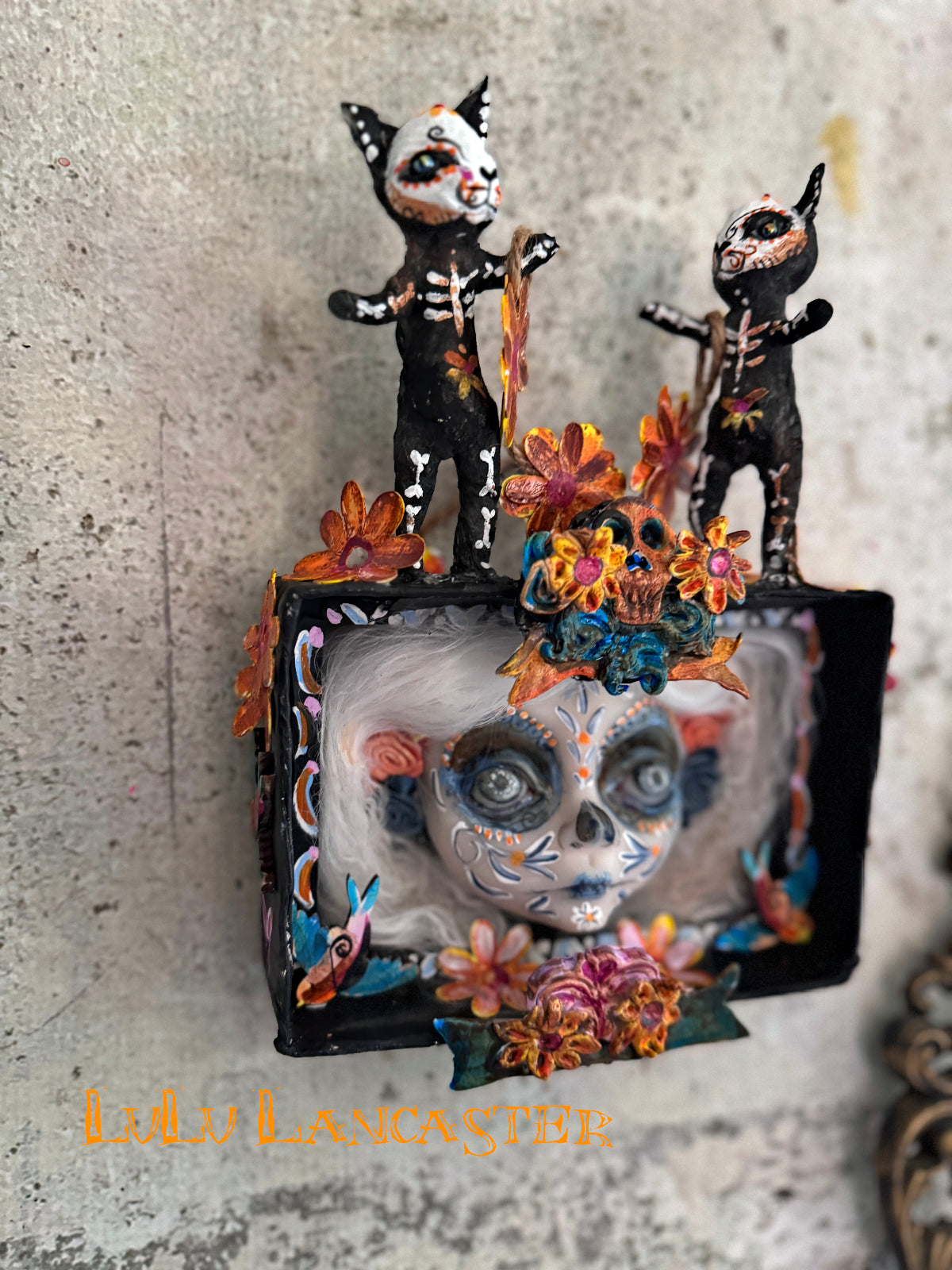 Dancing kitties dia de los muertos wall hanging Original LuLu Lancaster