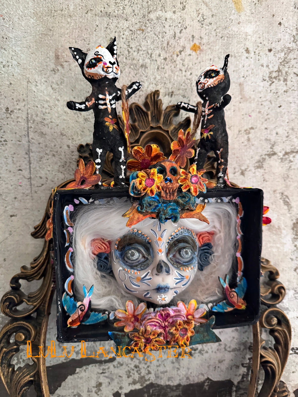 Dancing kitties dia de los muertos wall hanging Original LuLu Lancaster