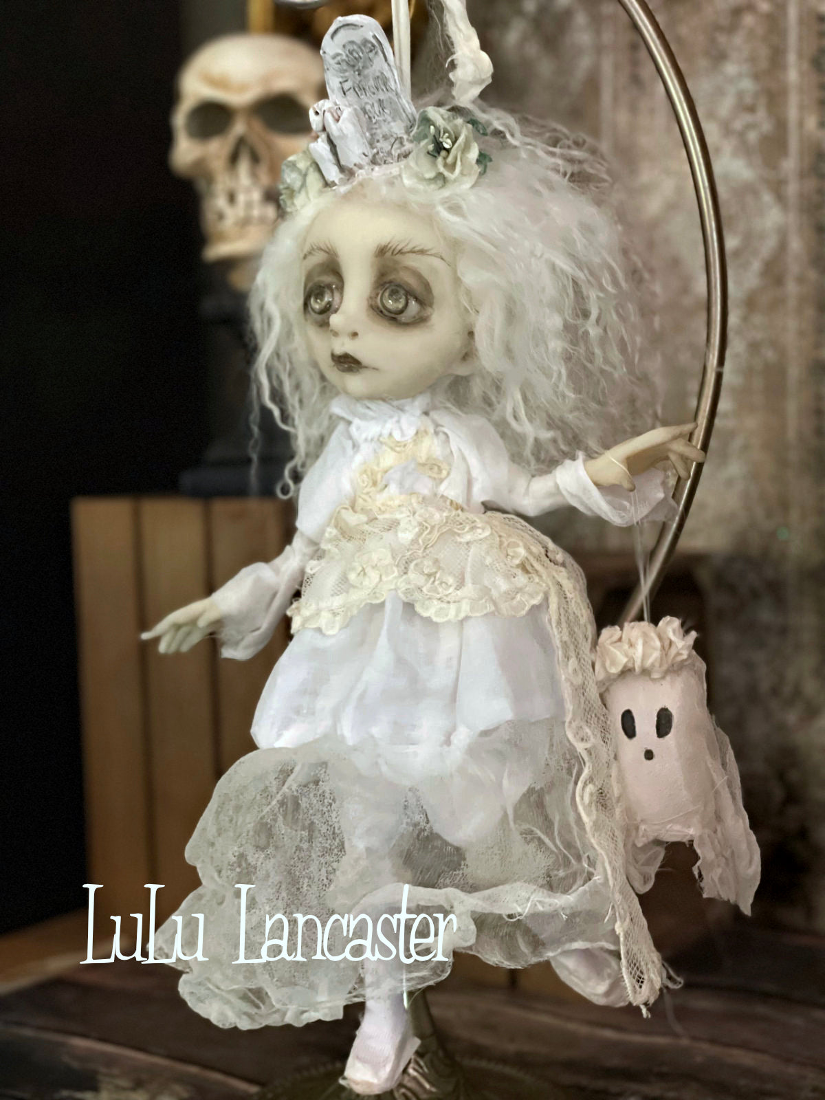 Forever Ours Graveyard Ghostie hanging Halloween Original LuLu Lancaster Art Dolls