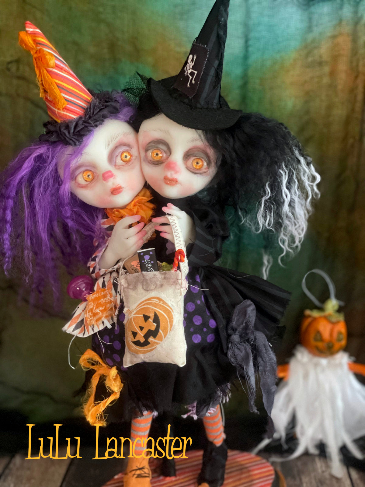 Hallow and Eve squishy head twin trick or treaters Halloween Original LuLu Lancaster Art Doll