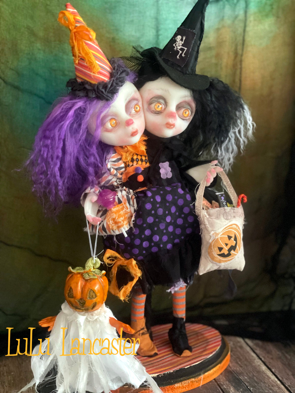 Hallow and Eve squishy head twin trick or treaters Halloween Original LuLu Lancaster Art Doll