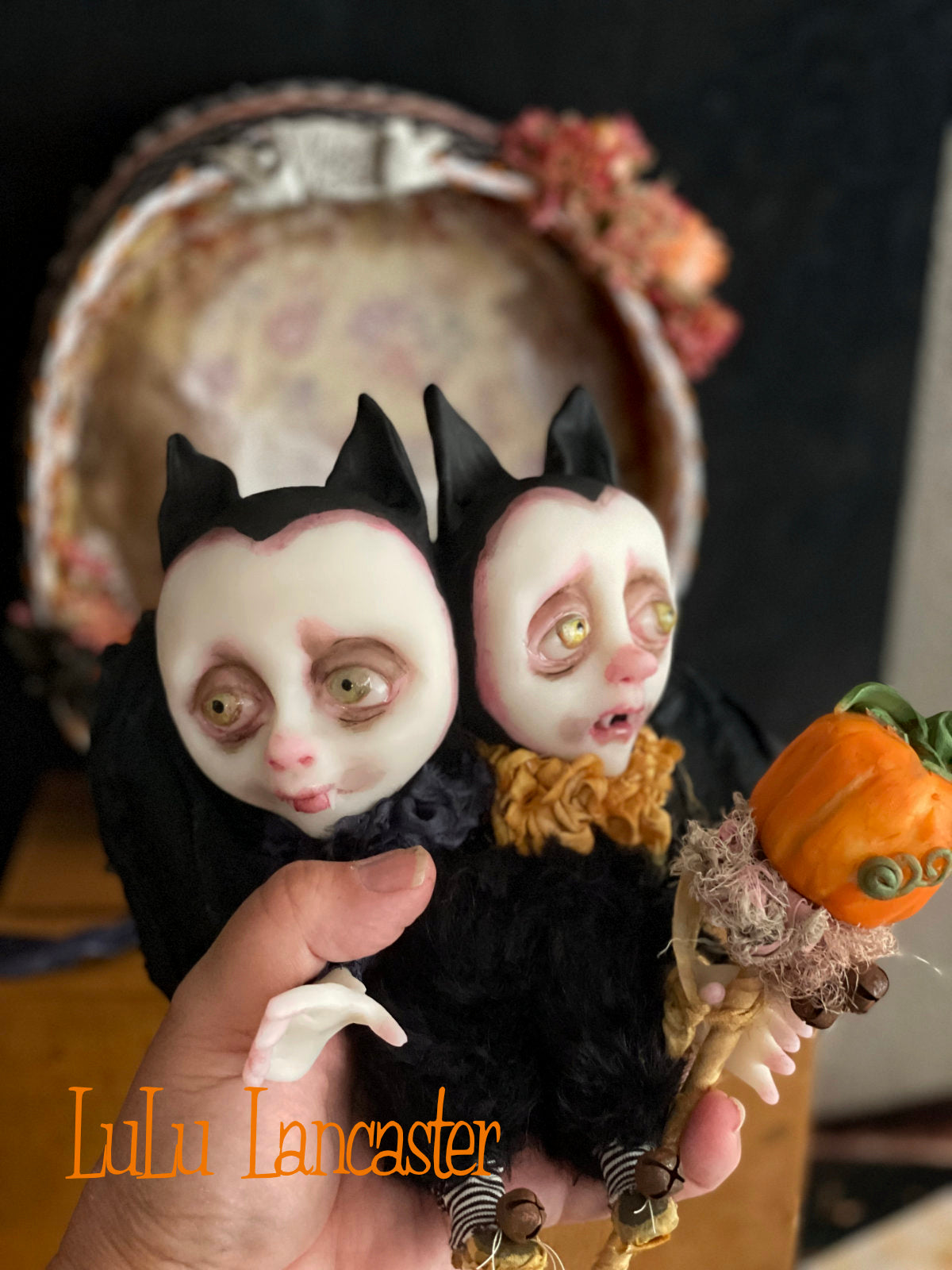 Mabon Blessings Conjoined mini vampire bats Original LuLu Lancaster Halloween Art Doll
