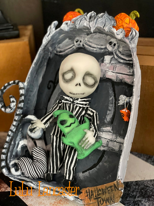 Mini Sleeping Jack in Halloween town Hanging Box Original LuLu Lancaster Halloween Art Doll