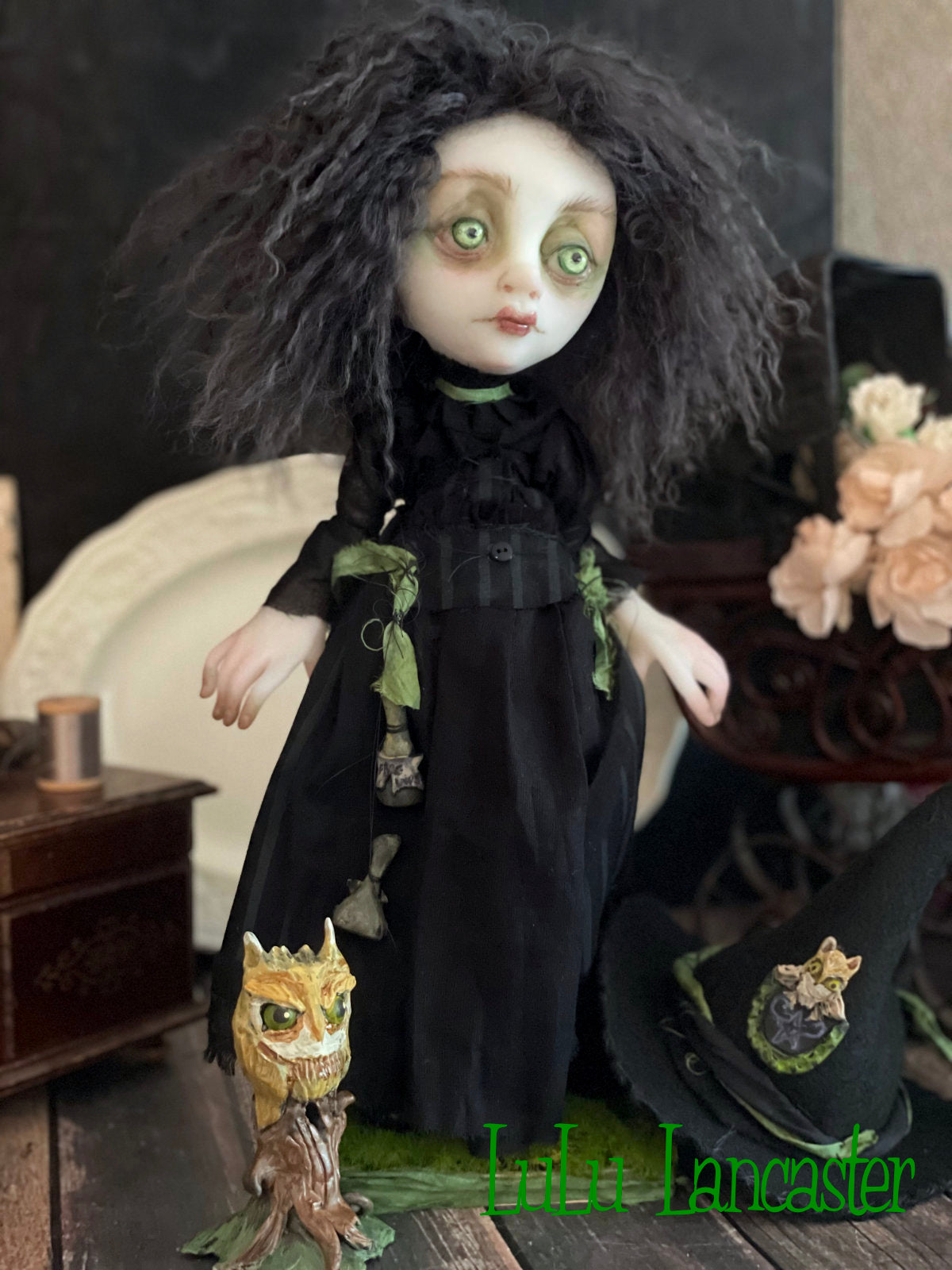 Moss and Grimmia Owl Witchery Original LuLu Lancaster Halloween Art Dolls