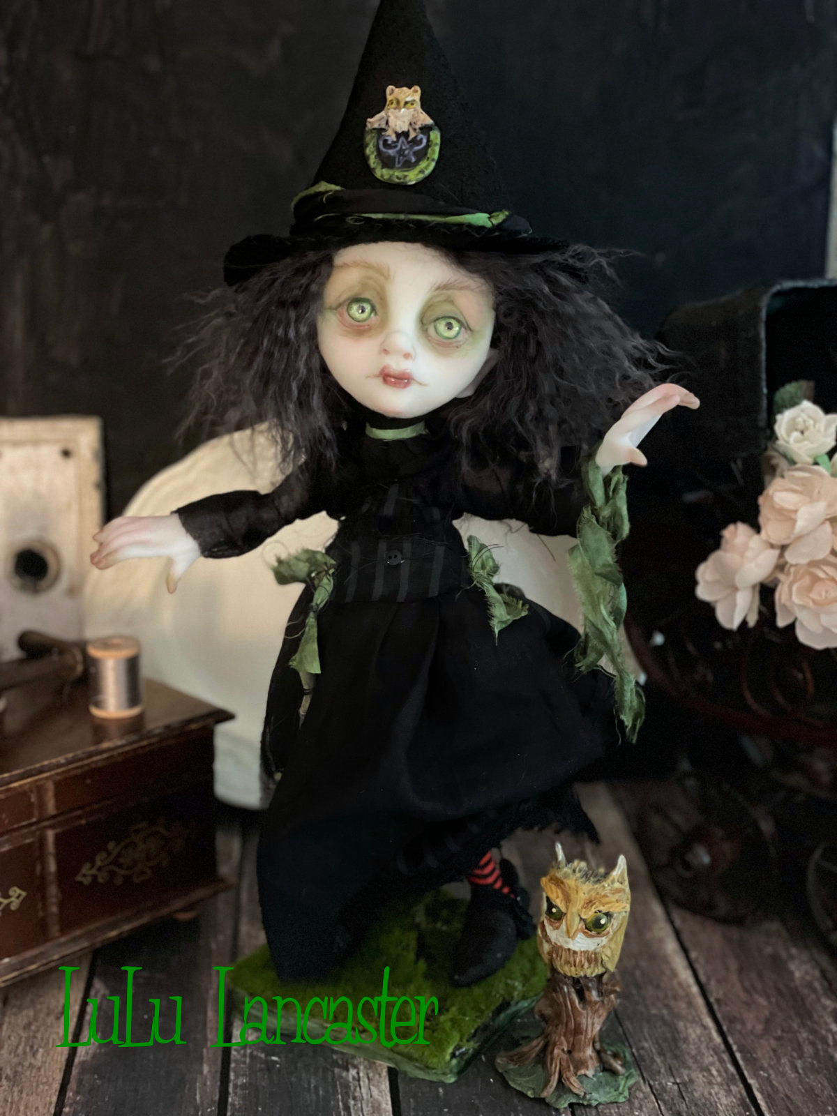 Moss and Grimmia Owl Witchery Original LuLu Lancaster Halloween Art Dolls