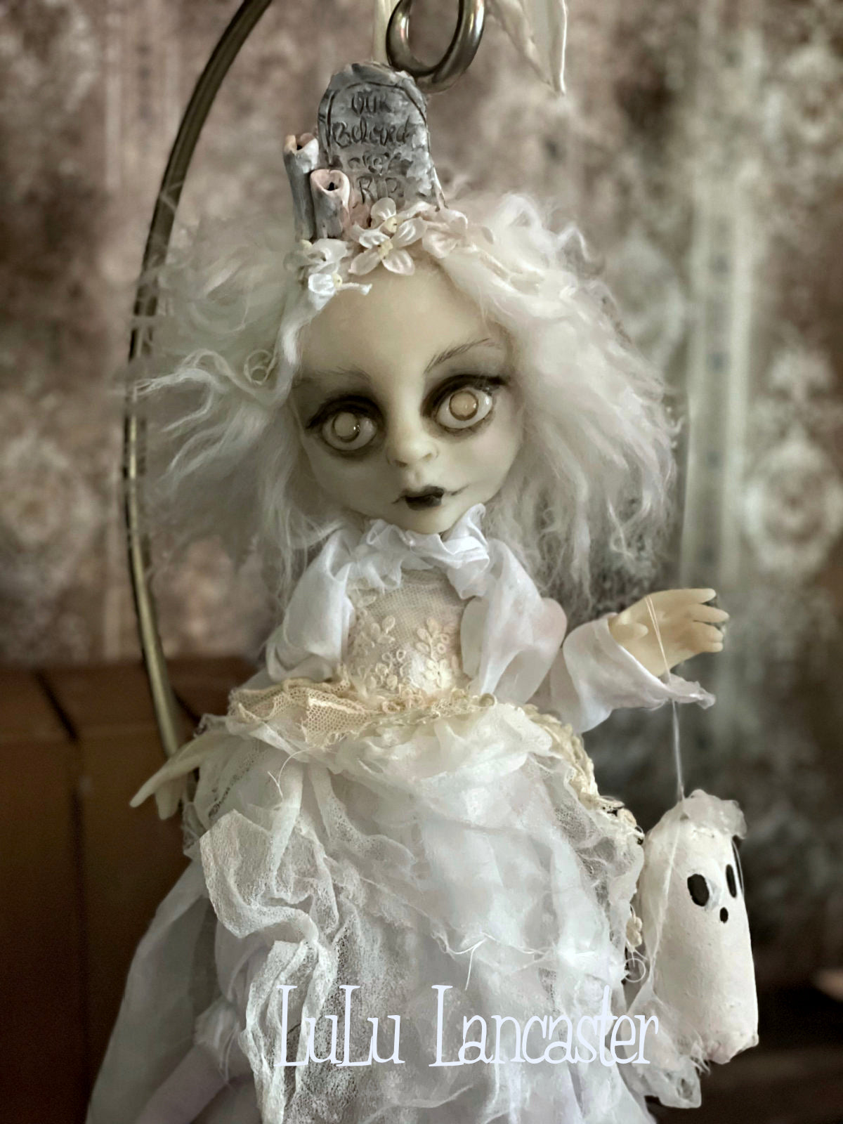 Our Beloved Graveyard Ghostie hanging Halloween Original LuLu Lancaster Art Dolls