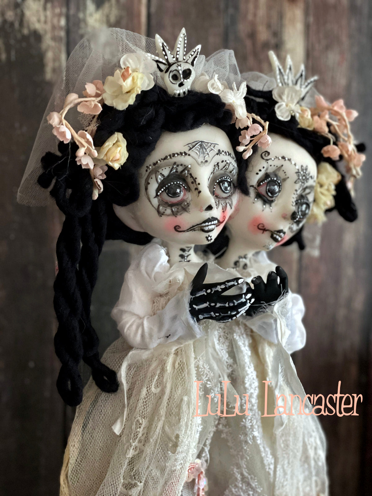 Tico and Toki Squishy head conjoined Day of the dead Original LuLu Lancaster Halloween Art Doll