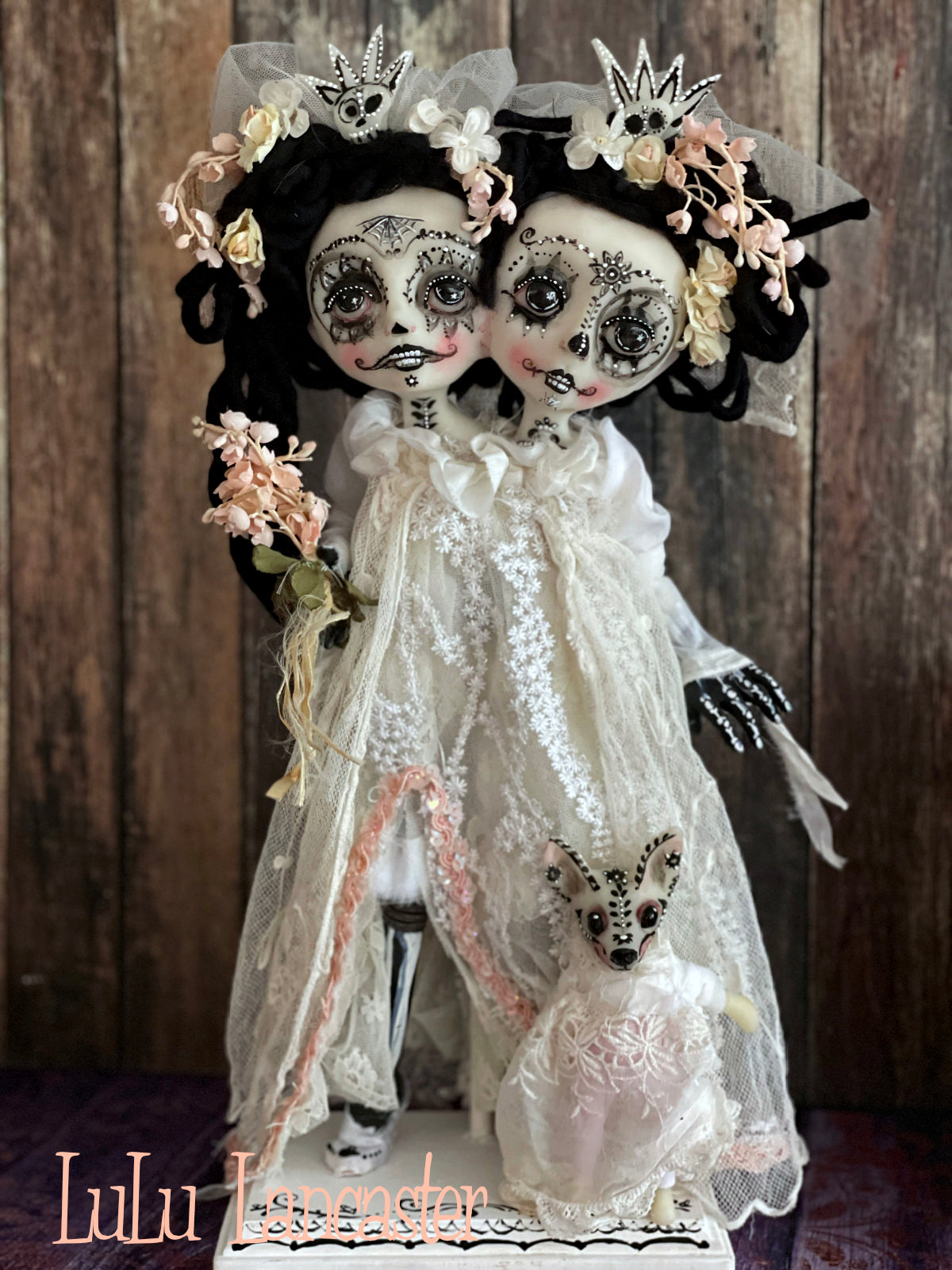 Tico and Toki Squishy head conjoined Day of the dead Original LuLu Lancaster Halloween Art Doll