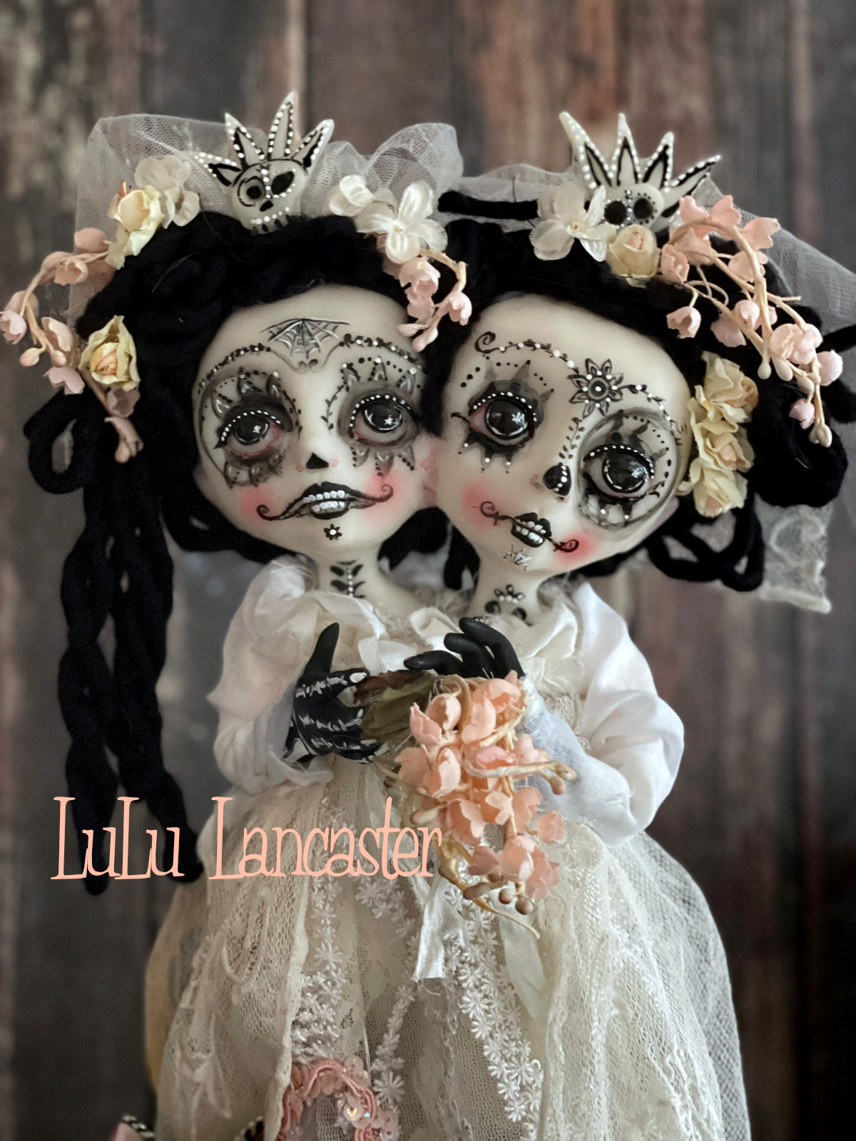 Tico and Toki Squishy head conjoined Day of the dead Original LuLu Lancaster Halloween Art Doll