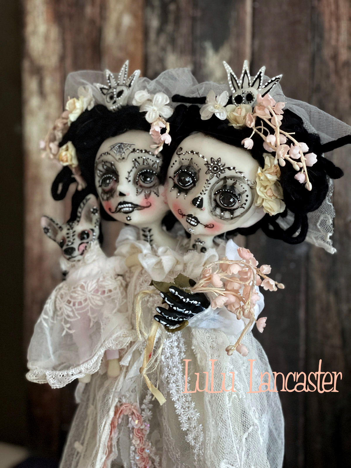 Tico and Toki Squishy head conjoined Day of the dead Original LuLu Lancaster Halloween Art Doll