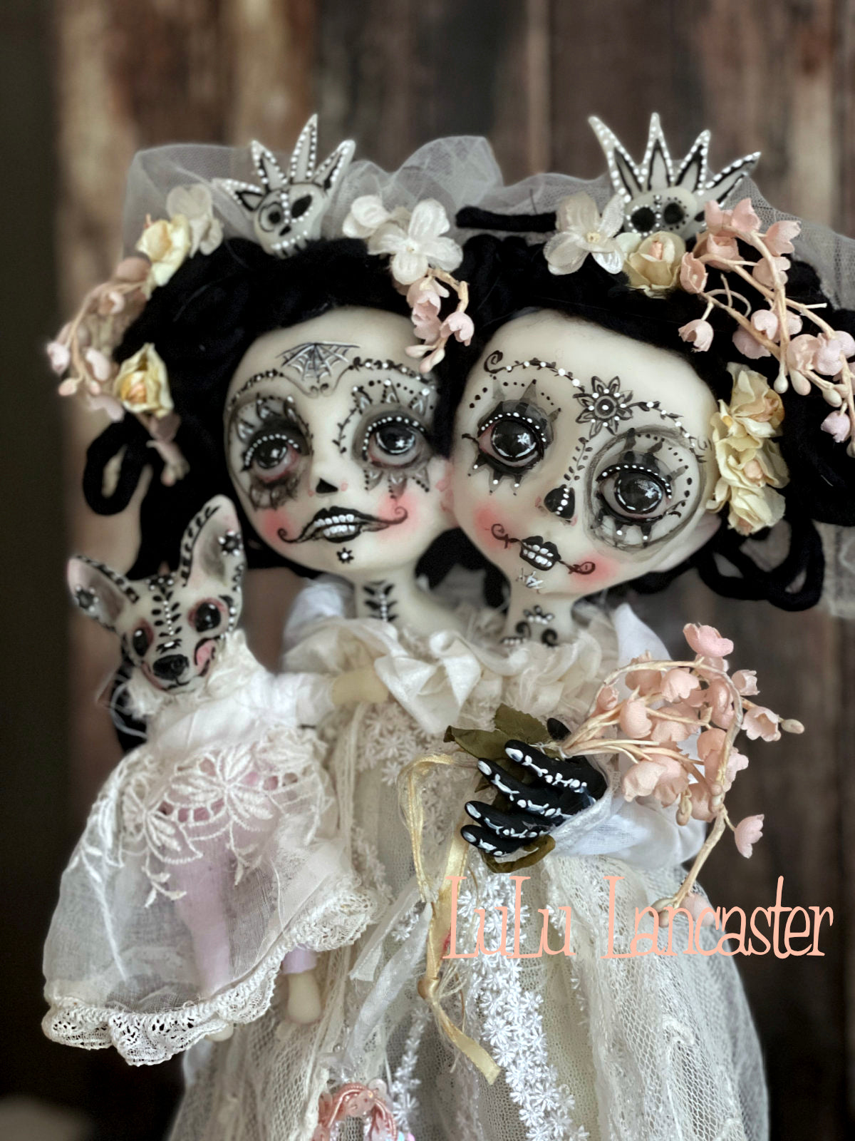 Tico and Toki Squishy head conjoined Day of the dead Original LuLu Lancaster Halloween Art Doll