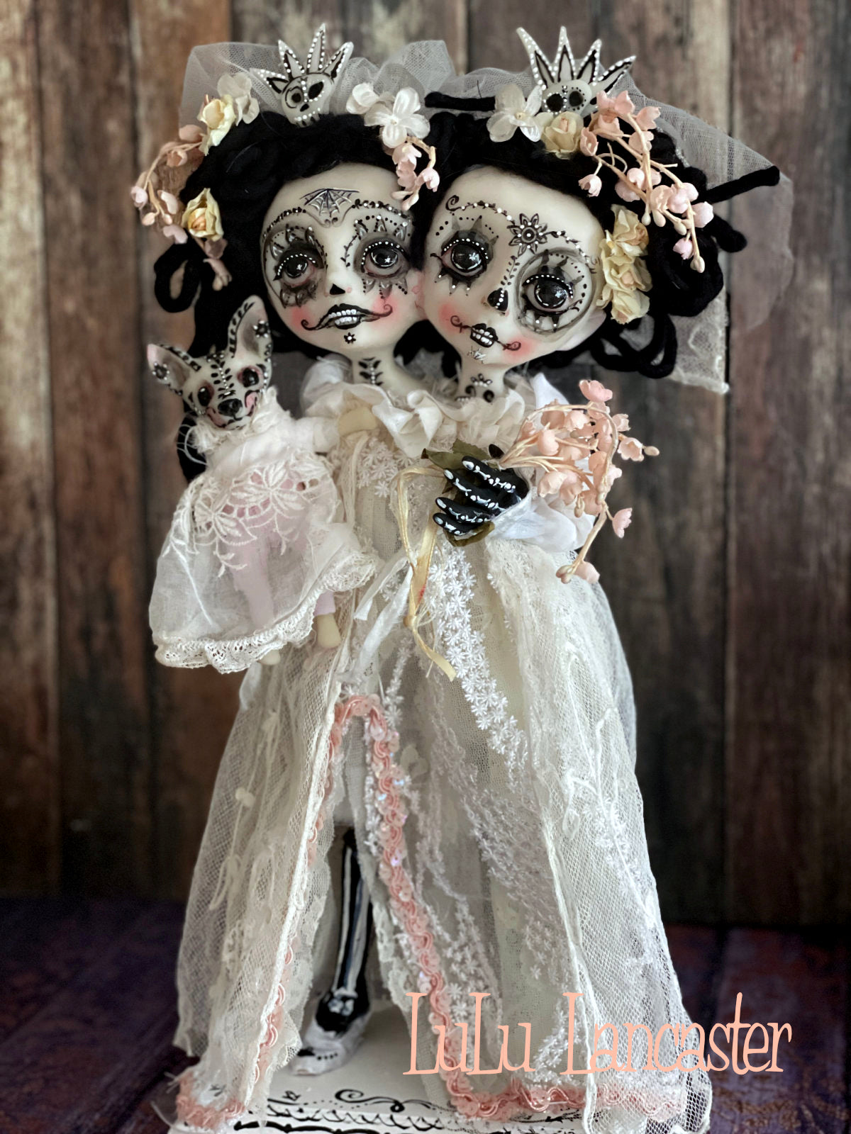 Tico and Toki Squishy head conjoined Day of the dead Original LuLu Lancaster Halloween Art Doll