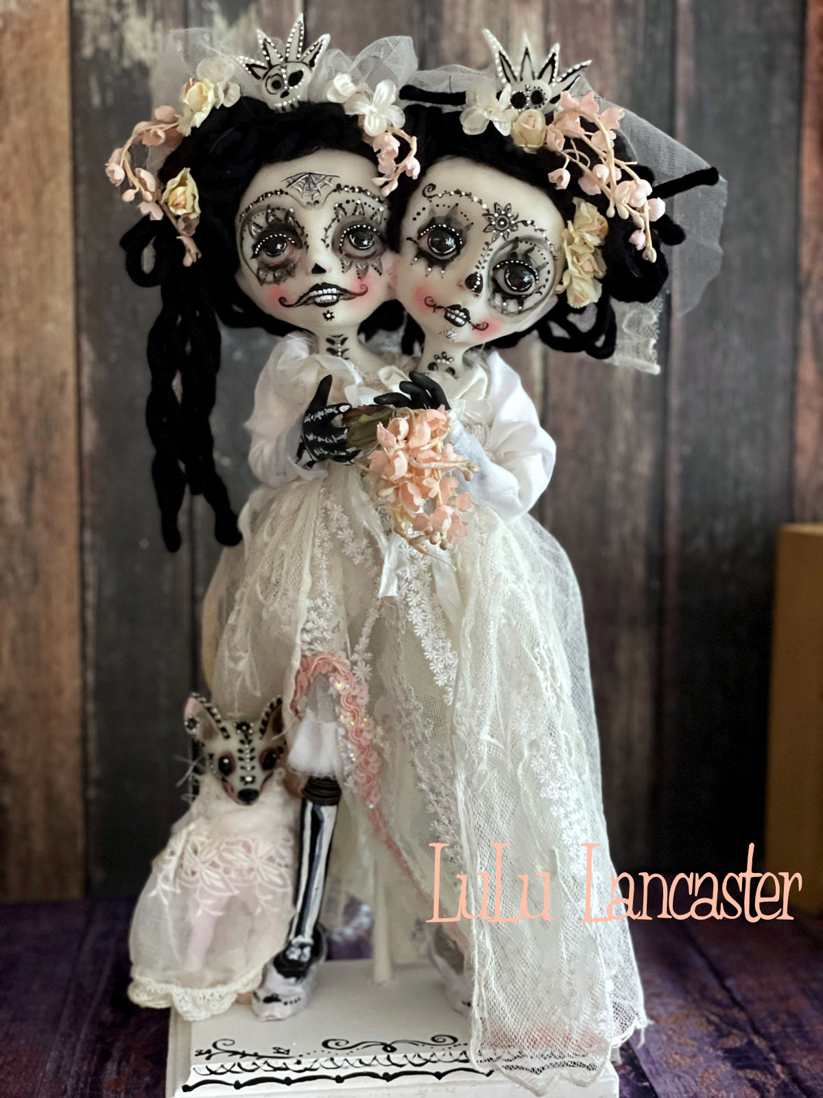 Tico and Toki Squishy head conjoined Day of the dead Original LuLu Lancaster Halloween Art Doll