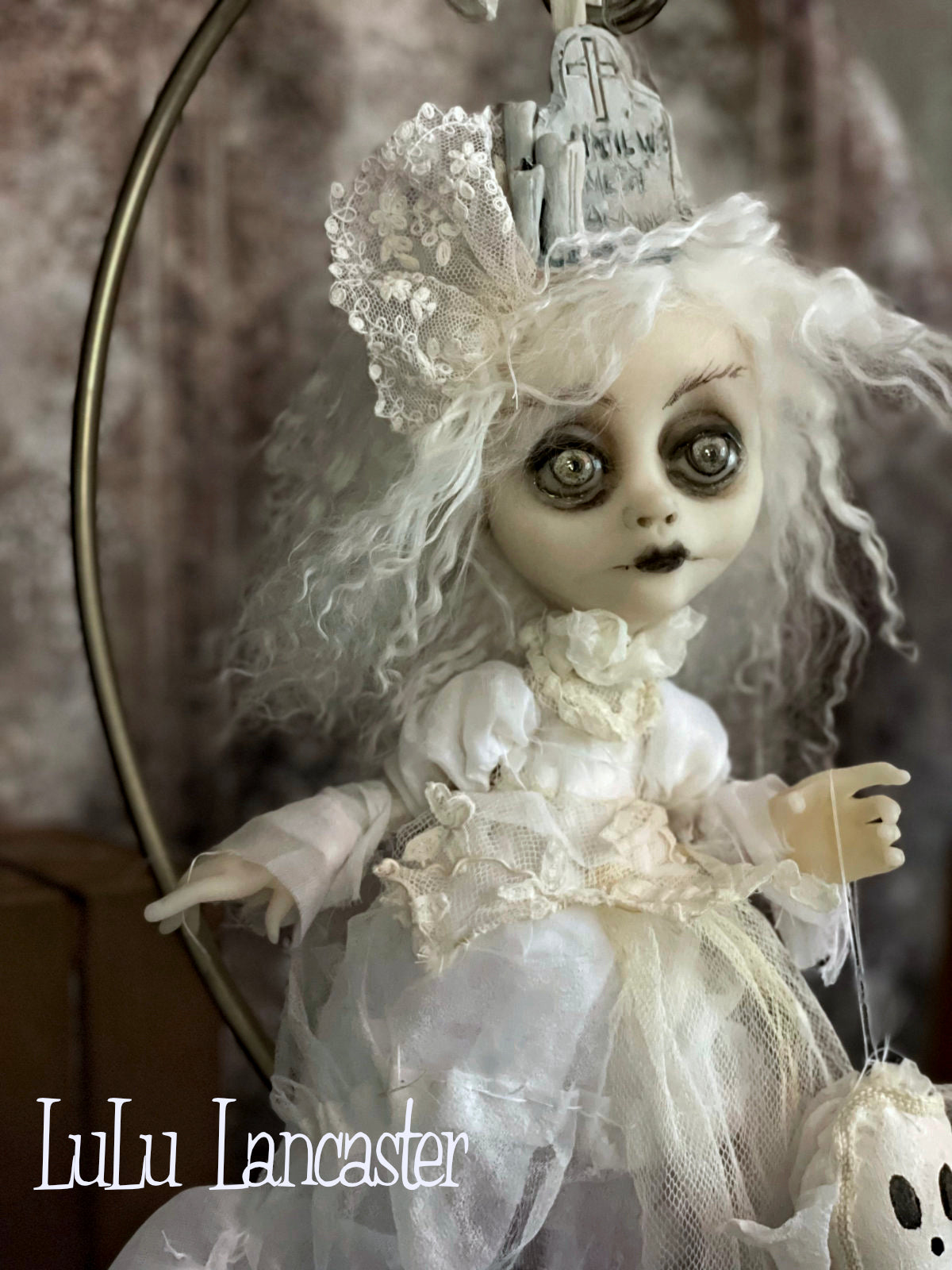 Until we meet again Graveyard Ghostie hanging Halloween Original LuLu Lancaster Art Dolls
